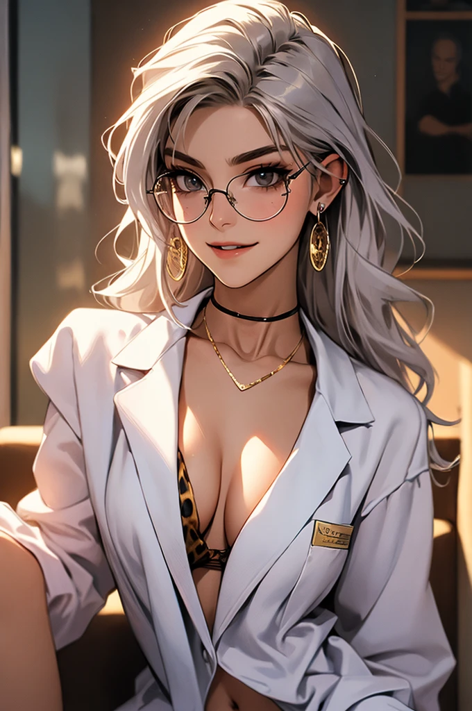 tmasterpiece,(tmasterpiece,top-quality,best qualityer),1girll, jewely,耳Nipple Ring,choker necklace,bangle, hoop earings, circle glasses,sun glasses, Long hair and long meat, Blonde hair,Black color hair,Silvery-white hair,Maroon hair, solo, ssmile, looking at viewert, motorvehicle,The Car, Sports cars,groundvehicle, Sat down, exteriors, daysies, nedium breasts,Open navel, dark skinned female, floral patterns, grinning smile,collars,Laser cloth,Sexy bikini,laser,holy rays,gold foil,Gold leaf art,glitter drawing,Correct anatomy,Detailed face, Detailed eyes,Chest exposed,leopard print, labcoat