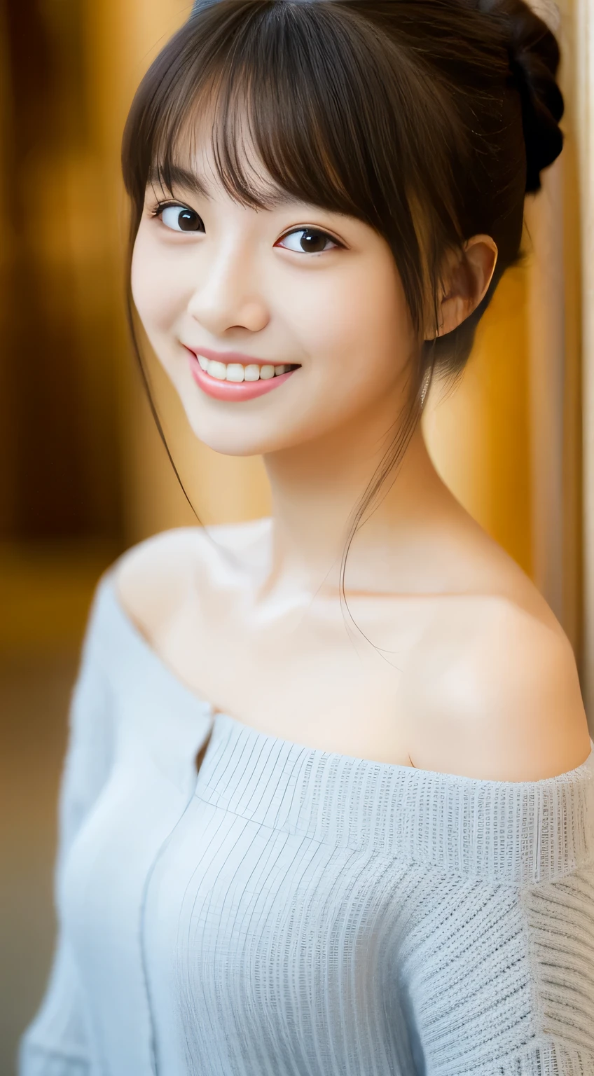 masterpiece,best quality,(Japanese girl),((Beautiful girl)),cleavage,(off shoulder:1.2),(perfect body beauty:1.2),(shy smile),beautiful teeth,From slightly above