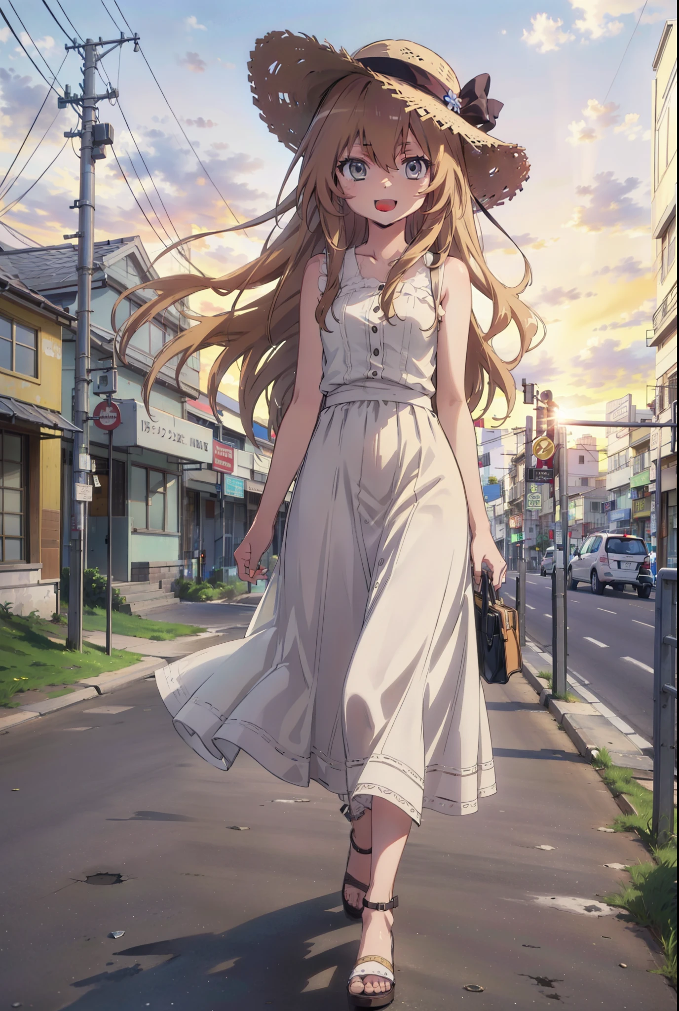 Aisaka Taiga, Aisaka Taiga, Long Hair, Brown Hair, Brown eyes,happy smile,smile, Open your mouth,Straw hat,White sleeveless dress,Long skirt,Heeled Sandals,evening,sunset,The sun is setting,whole bodyがイラストに入るように,Walking, break looking at viewer, whole body,
break outdoors,Coastal Road,In town,
break (masterpiece:1.2), Highest quality, High resolution, unity 8k wallpaper, (shape:0.8), (Beautiful attention to detail:1.6), Highly detailed face, Perfect lighting, Extremely detailed CG, (Perfect hands, Perfect Anatomy),