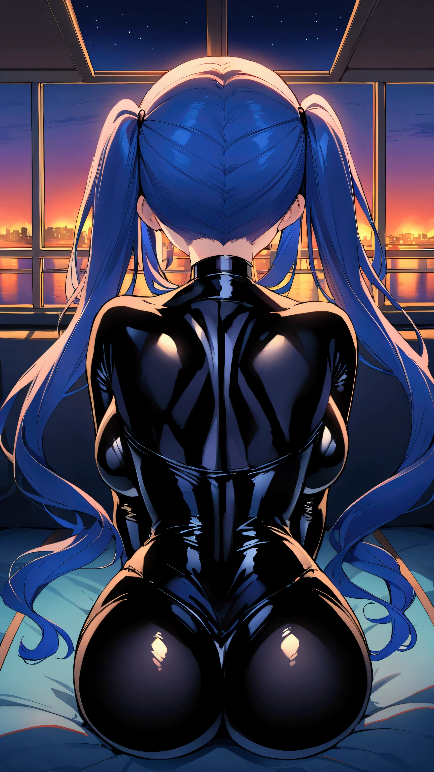 (Full body black latex:1.5)、Best image quality、Beautiful legedium Long Hair、Twin tails、Blue Hair))、Bright Blue Eyes、Big eyes、((Big Breasts))、,Cruise ship at night,,back view、She has her back to us and is staring out at the burning cityscape from inside the ship.