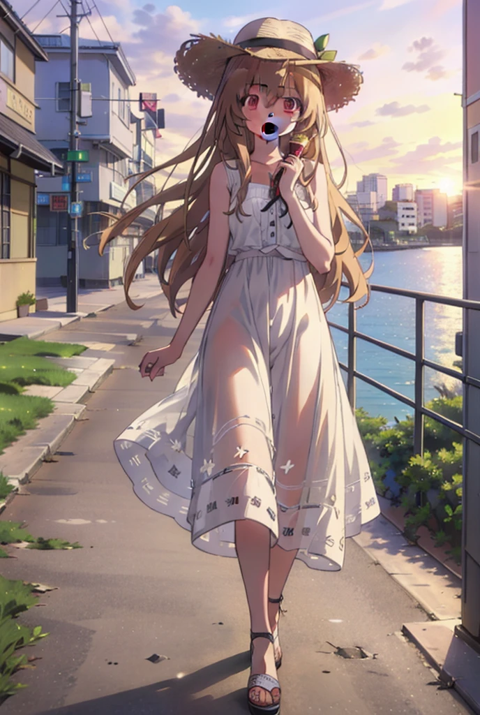 Aisaka Taiga, Aisaka Taiga, Long Hair, Brown Hair, Brown eyes,happy smile,smile, Open your mouth,Straw hat,White sleeveless dress,Long skirt,Heeled Sandals,evening,sunset,The sun is setting,whole bodyがイラストに入るように,Walking, break looking at viewer, whole body,
break outdoors,Coastal Road,In town,
break (masterpiece:1.2), Highest quality, High resolution, unity 8k wallpaper, (shape:0.8), (Beautiful attention to detail:1.6), Highly detailed face, Perfect lighting, Extremely detailed CG, (Perfect hands, Perfect Anatomy),