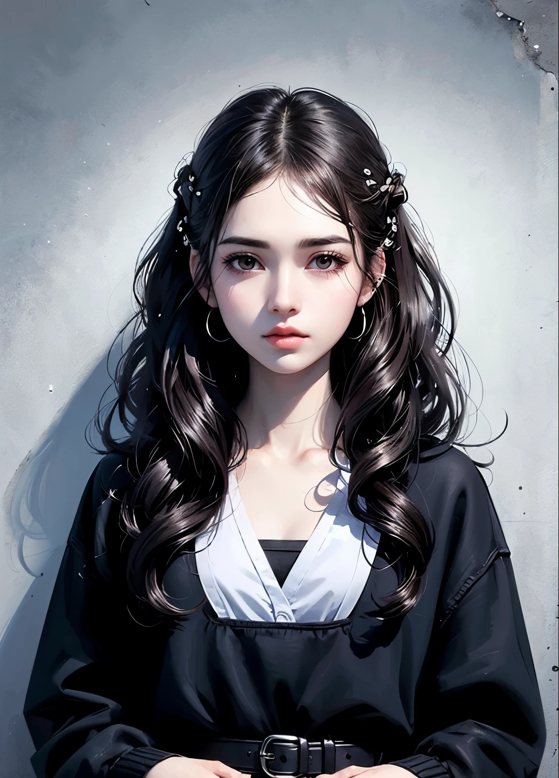 Brown black hair, black eyes, White skin, Oval face, Atmospheric facial features, High target, Confident and powerful, Firm and plump, high school, Uniforms, Curly hair, Hair Bun, With hairpin, Red rose, Blue Butterfly, White Rabbit, Card, Official quality, mystery, Light and Shadow, Correct proportions, aesthetics, atmosphere,