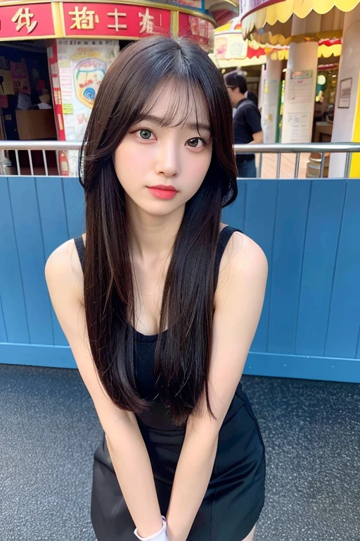 (masterpiece:1.3), (8k, Realistic, RAW Photos, Best image quality: 1.4), (Random Hairstyles:1.2)、Mid-chest、(Highly detailed face)、Attention to detail、double eyelid、(Dark Eyes)、(Sharp focus:1.2)、Beautiful woman:1.4、25 year old woman、((Black Hair))、Chest-length hair、(Sleeveless jacket)、Highest quality、masterpiece、Ultra-high resolution、(Realistic:1.4)、super high quality、Symmetrical face、The face is very realistic、Photo level、8k最高画質はフル、Sebaceous reflex、The face is very realistic、Extremely realistic skin、Realistic light and shadow effects、((Angle above the knee))、Standing posture、oversized dress shirt、amusement park