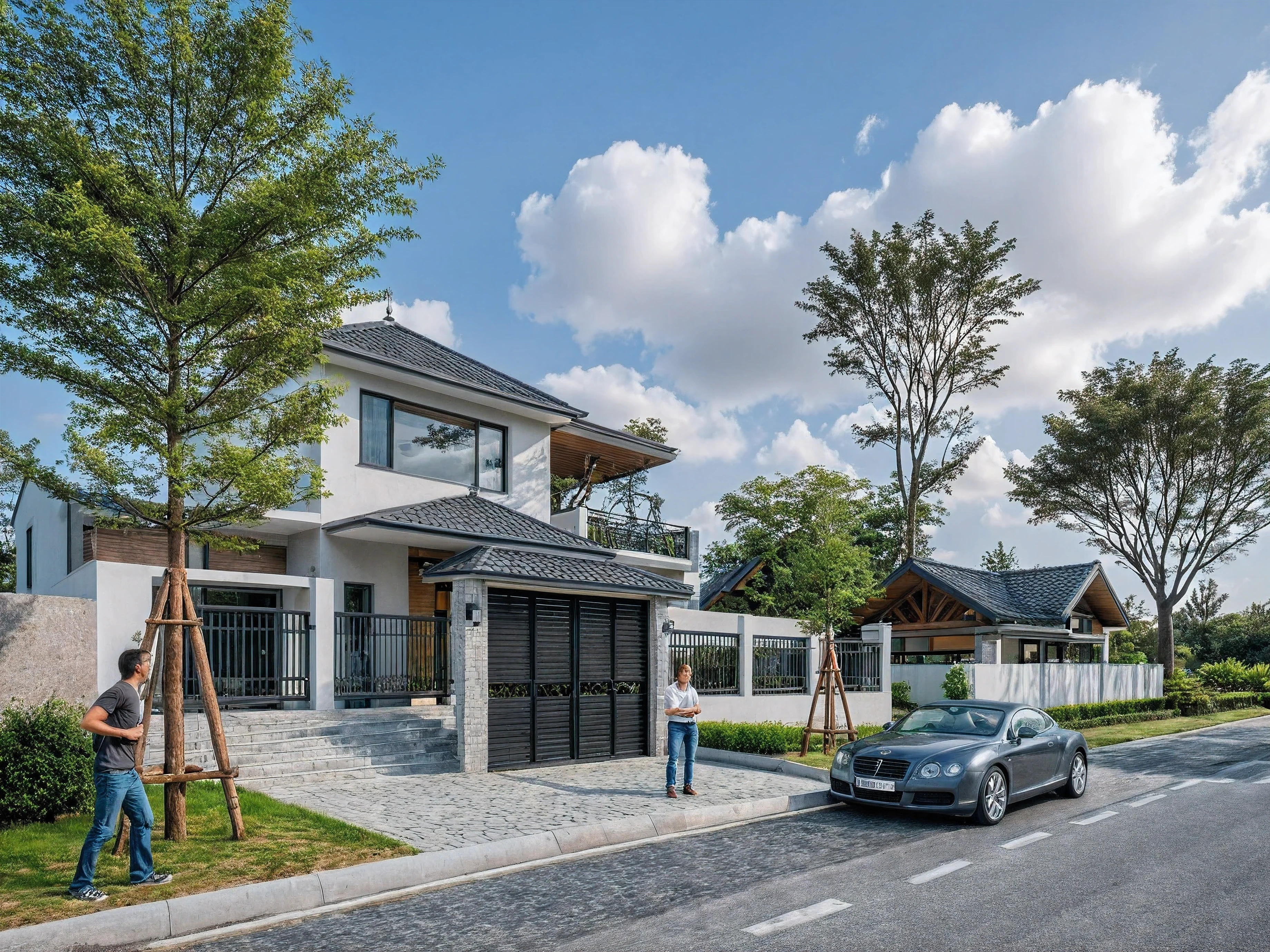 Masterpiece, high quality, best quality, authentic, realistic scene, super detail, outdoors, house on the street ,white wall, glass window, steel gate, road, pavement, grass, trees, sky, cloud, car (daylight:1.1)
