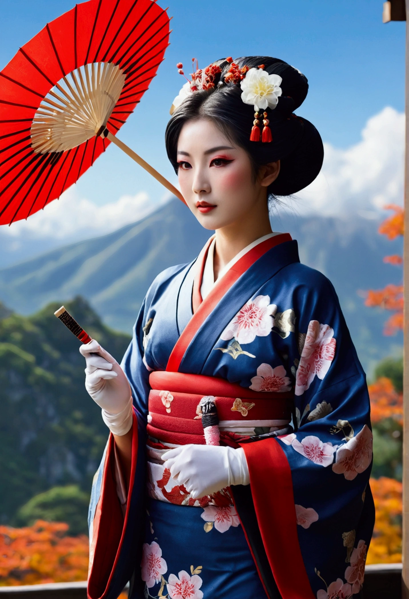super huge mountain、The Alps、Nice views、Wonderful nature、Fantasy、Huge waterfall、High resolution、Highest quality、Masterpiece, Highest quality,One girl, Long Hair, hair bow, , alone, hair band, bird, Black Hair, Short sleeve, gloves, sash, pants, bangs, red hair band, arms, chest, Brown eyes, colorful kimono, Confused, A light smile, Official Art, Good composition, Official pose, detailed Portraiture, Portraiture, bokeh, Clouds and mountains background, warrior,, High resolution, Dramatic lighting and shadows, Solar flare, Blurred foreground 24k,High quality masterpiece, landscape, cloud, Bright starry sky. Traveler, Romantic Light, sexy pose , Concept Art, Lofi Art Style, reflection. Roffie Art, Beautiful , Detailed landscape — width 672, Enhanced Details. change, Leprechaun,A woman in a kimono holding a folding fan and a uchiwa fan, Traditional Japanese, Japanese style, Japanese Goddess, glamorous and sexy geisha, japanese geisha, Traditional beauty, in kimono, geisha, beauty geisha, Inspired by , traditional geisha clothing, geisha makeup, organic seductive geisha, geisha make up