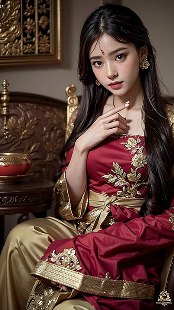 Create a character of a princess from the Malay kingdom. She has a beautiful face, dressed in a traditional Malay gown. Her features are soft, with gentle eyes and long flowing hair. The overall look is realistic and exotic.