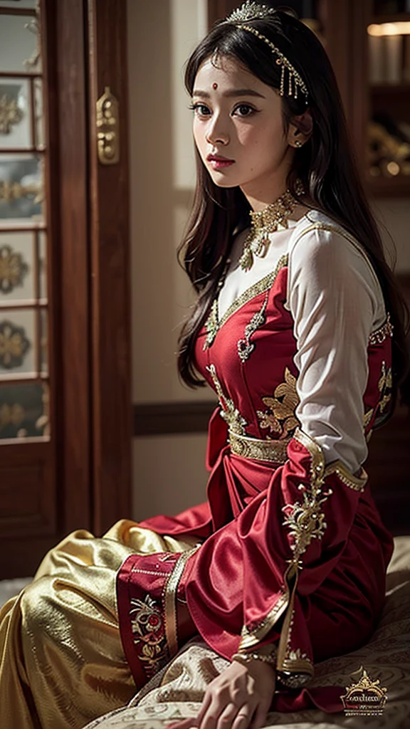 Create a character of a princess from the Malay kingdom. She has a beautiful face, dressed in a traditional Malay gown. Her features are soft, with gentle eyes and long flowing hair. The overall look is realistic and exotic.