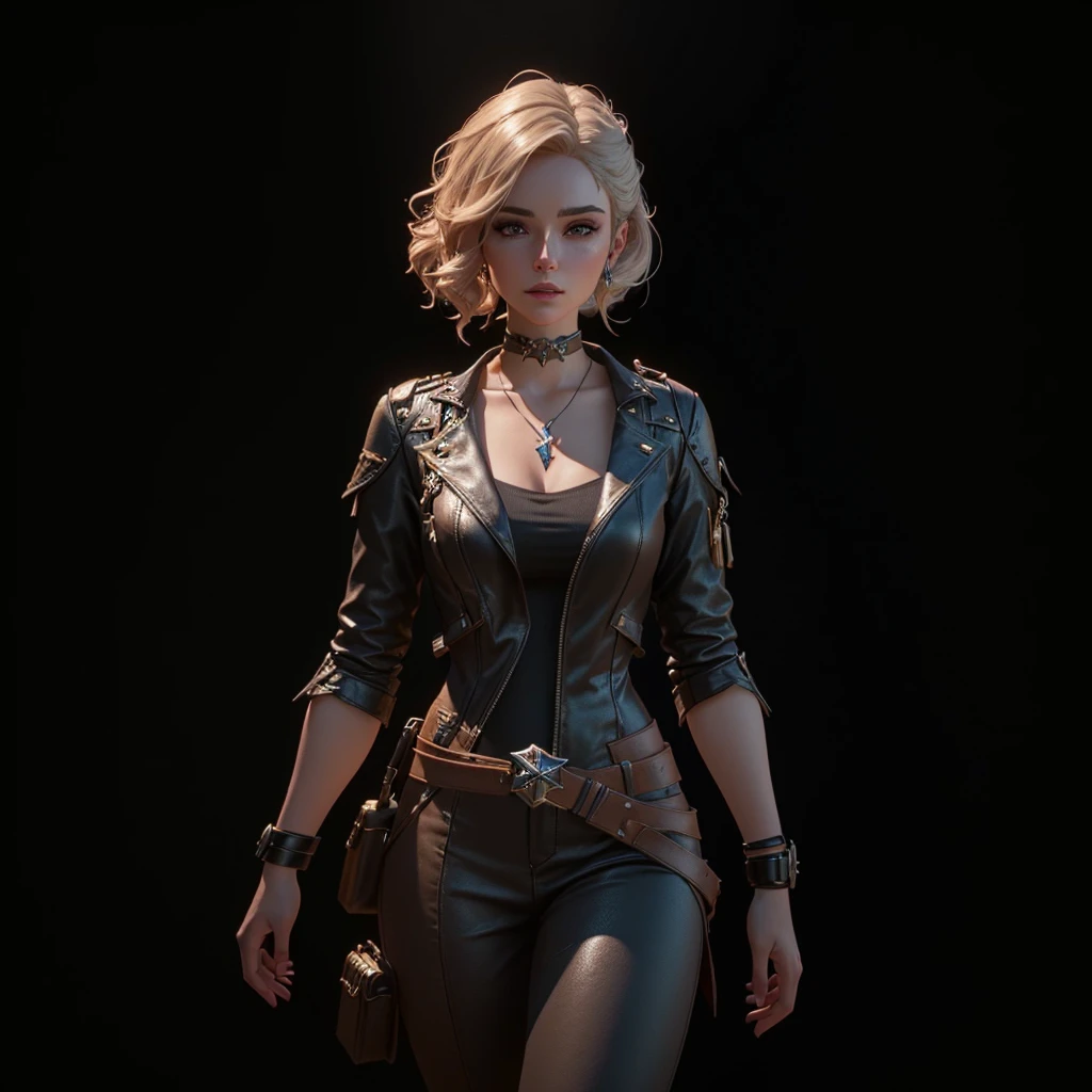 1girl, 35yo, female breton , (upper half portrait:1.3), gothic, wearing jacket, tight pants, and platform heels, posing, standing, balcony outdoor background, looking the viewer, indoor lights coming to her face, medium breasts, cyberpunk 2077 style