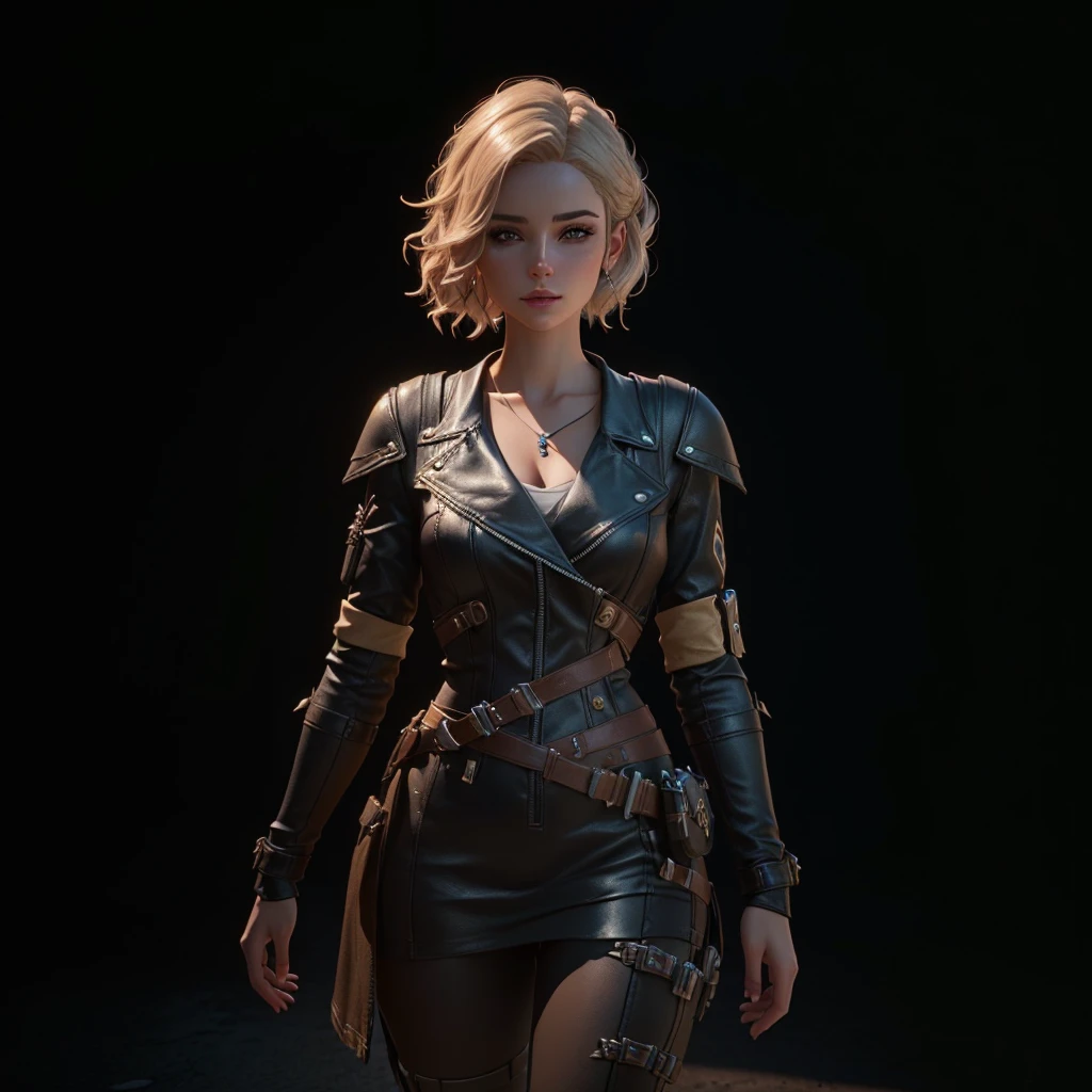 a close up of a woman in a leather outfit walking, unreal engine character art, small character. unreal engine 5, female lead character, unreal 5. rpg portrait, cinematic full character, female character, realistic character concept, 8k portrait render, unrealistic character concept, character render, render of mirabel madrigal, 3 d render character art 8 k