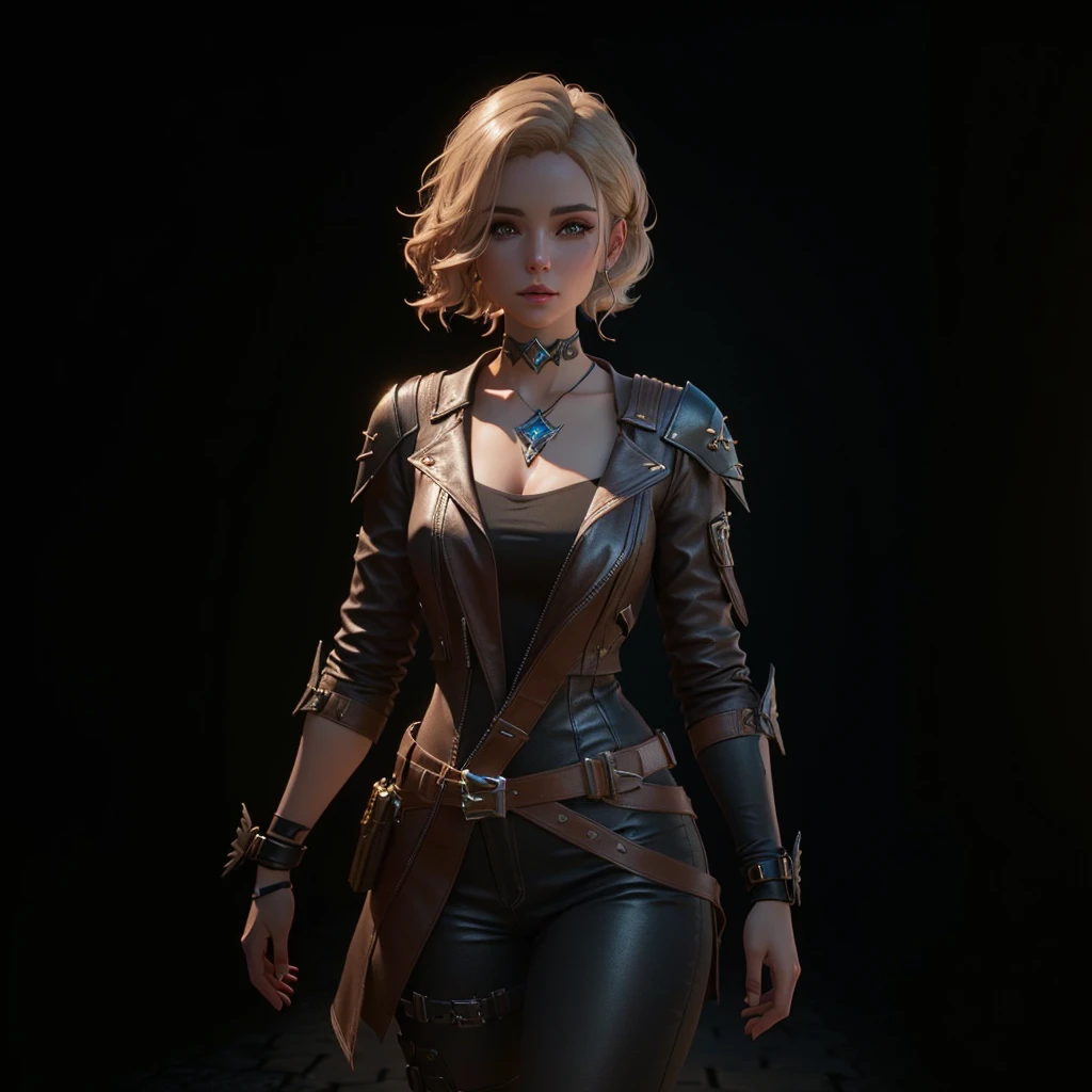 a close up of a woman in a leather outfit walking, unreal engine character art, small character. unreal engine 5, female lead character, unreal 5. rpg portrait, cinematic full character, female character, realistic character concept, 8k portrait render, unrealistic character concept, character render, render of mirabel madrigal, 3 d render character art 8 k