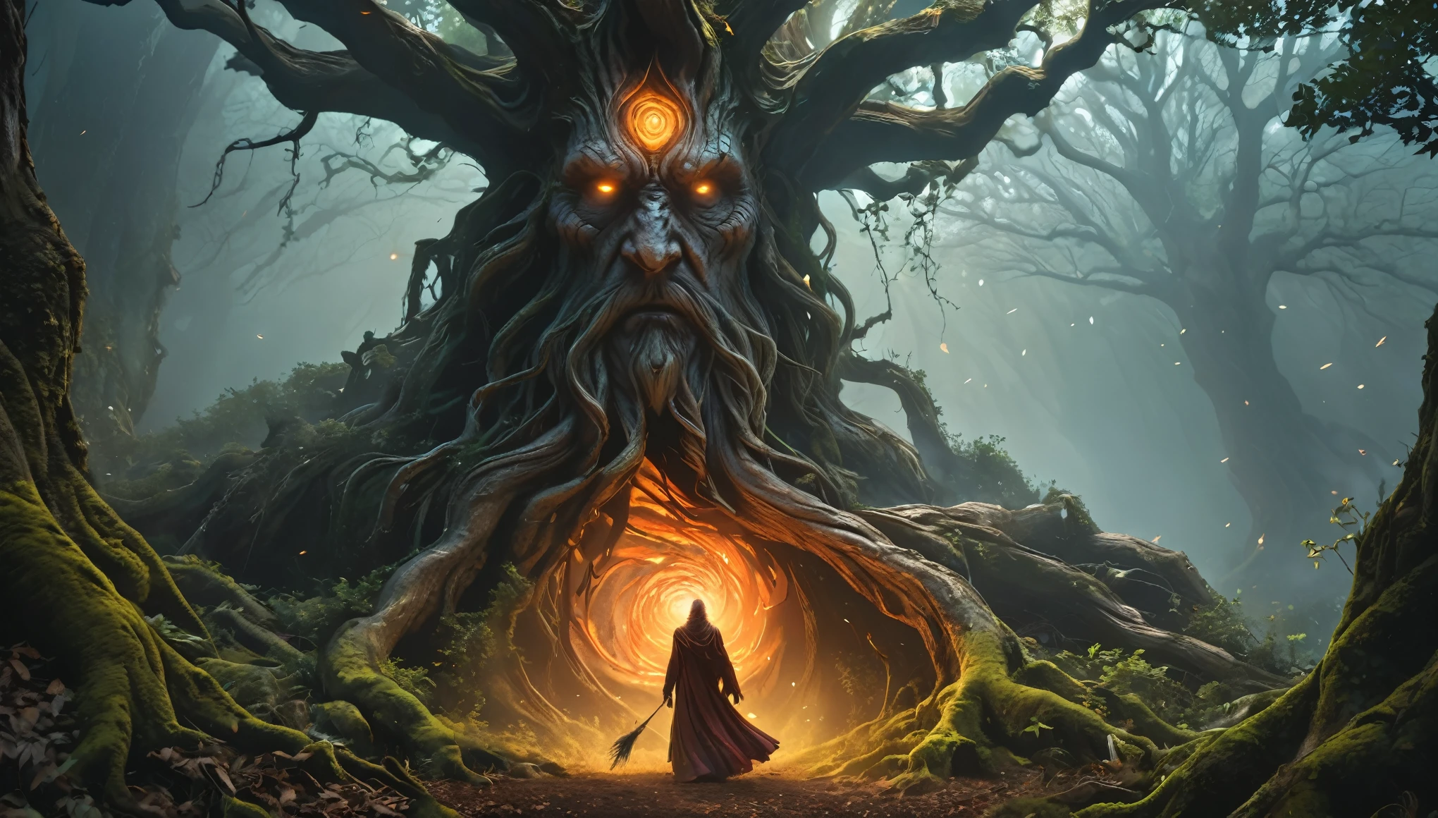 (best quality,4k,8k,highres,masterpiece:1.2),ultra-detailed,(realistic,photorealistic,photo-realistic:1.37),santient Ent the guardian of ancient forest,santient Ent,mystical tree creature,imposing old tree figure,otherworldly,terrifying,inhuman features and proportions,weathered tree,mystical aura,glowing fiery eyes,dark,ominous atmosphere,dramatic lighting,vibrant color,magical particles swirling around,wood energy emanating,powerful presence,ethereal beauty,herculean strength,captivating gaze,unsettling presence,haunting and mesmerizing,horrifyingly enchanting