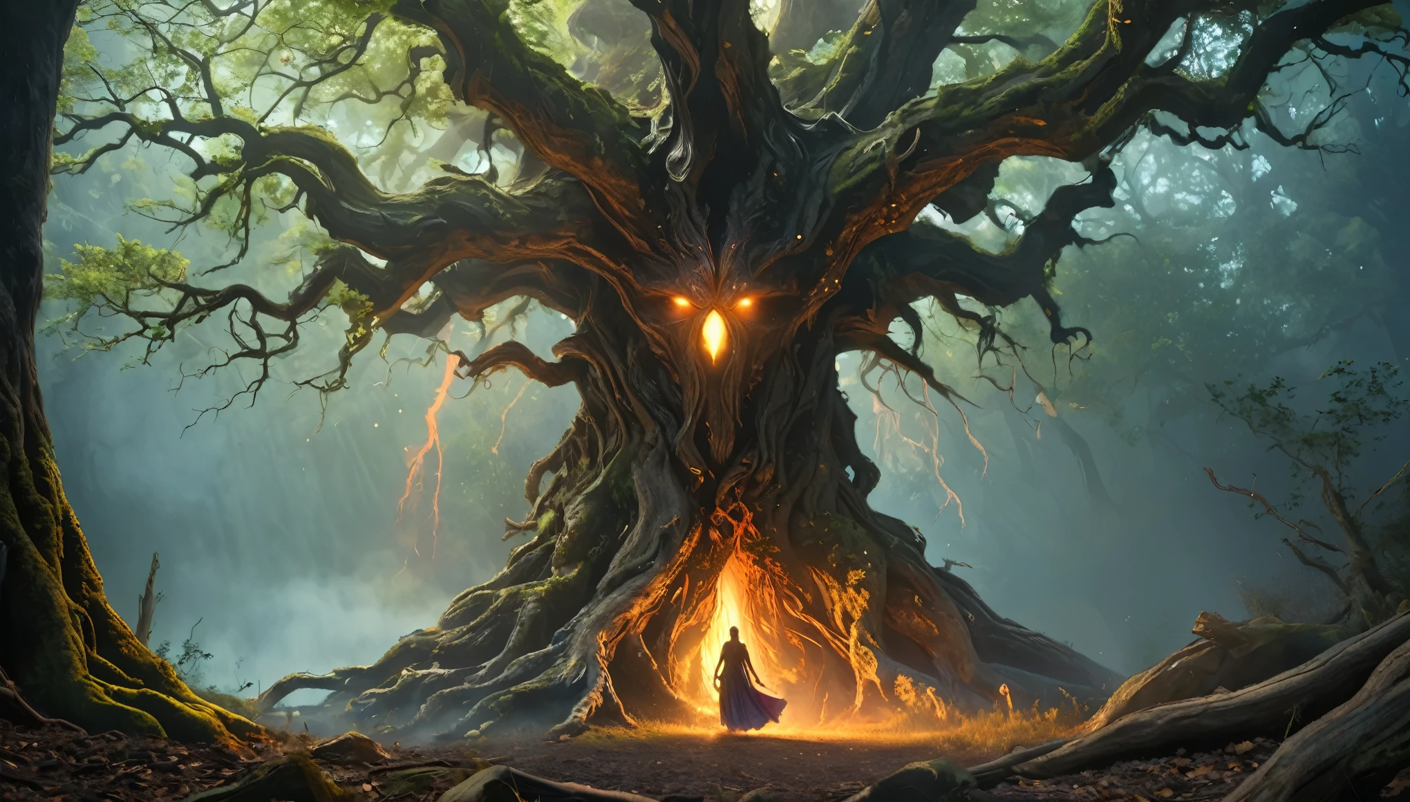 (best quality,4k,8k,highres,masterpiece:1.2),ultra-detailed,(realistic,photorealistic,photo-realistic:1.37),santient Ent the guardian of ancient forest,santient Ent,mystical tree creature,imposing old tree figure,otherworldly,terrifying,inhuman features and proportions,weathered tree,mystical aura,glowing fiery eyes,dark,ominous atmosphere,dramatic lighting,vibrant color,magical particles swirling around,wood energy emanating,powerful presence,ethereal beauty,herculean strength,captivating gaze,unsettling presence,haunting and mesmerizing,horrifyingly enchanting