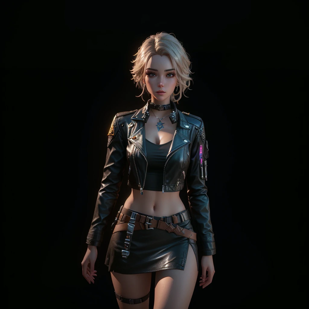 a close up of a woman in a short skirt and leather jacket, unreal engine character art, small character. unreal engine 5, female lead character, 3 d render character art 8 k, cinematic full character, render of mirabel madrigal, unreal 5. rpg portrait, cyberpunk 2 0 y. o model girl, female character, unreal engine render + a goddess