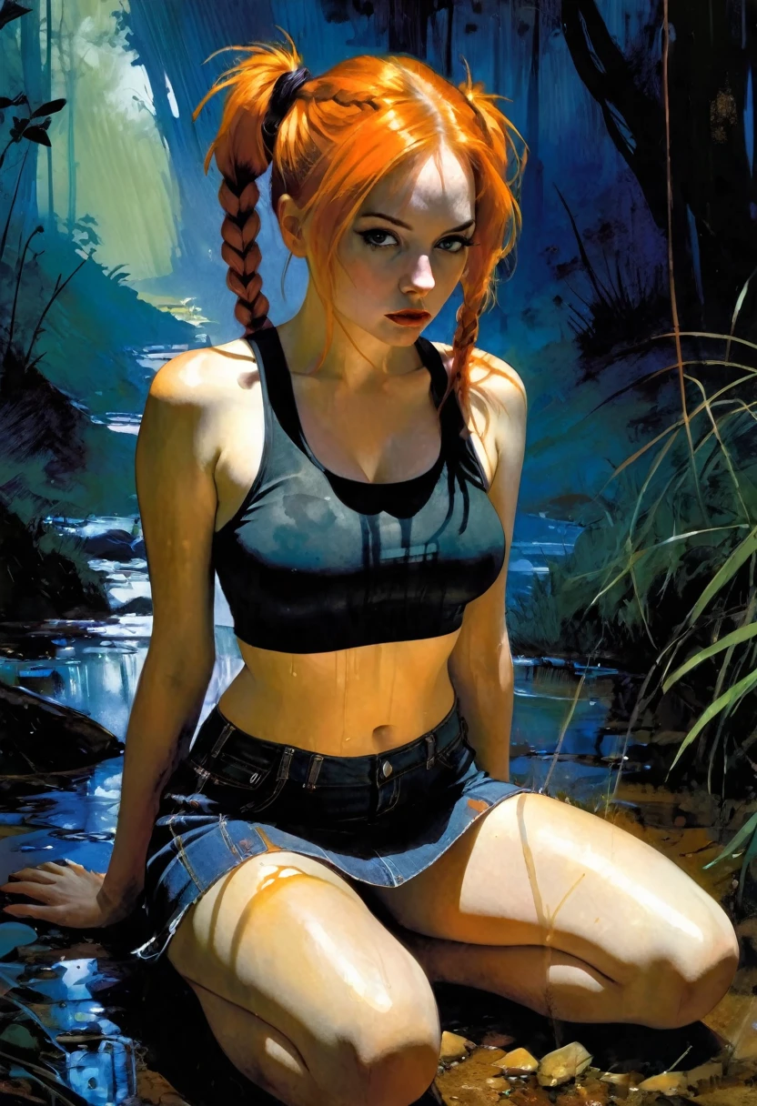 Very sexy girl with orange hair in two braids, tight miniskirt, tank top, medium breasts, sitting on the floor with her legs open, touching her pussy, hands in pussy, fingers in pussy, fluids, orgasm, in a great landscape of nature,oil painting, chiaroscuro, sensual, dramatic lighting, moody atmosphere, photorealistic, intricate details, masterpiece, ultra-detailed, high quality, 8k, best quality, realistic, cinematic, dark and brooding, expressionistic, powerful composition, emotional impact, Bill Sienkiewicz inspired art