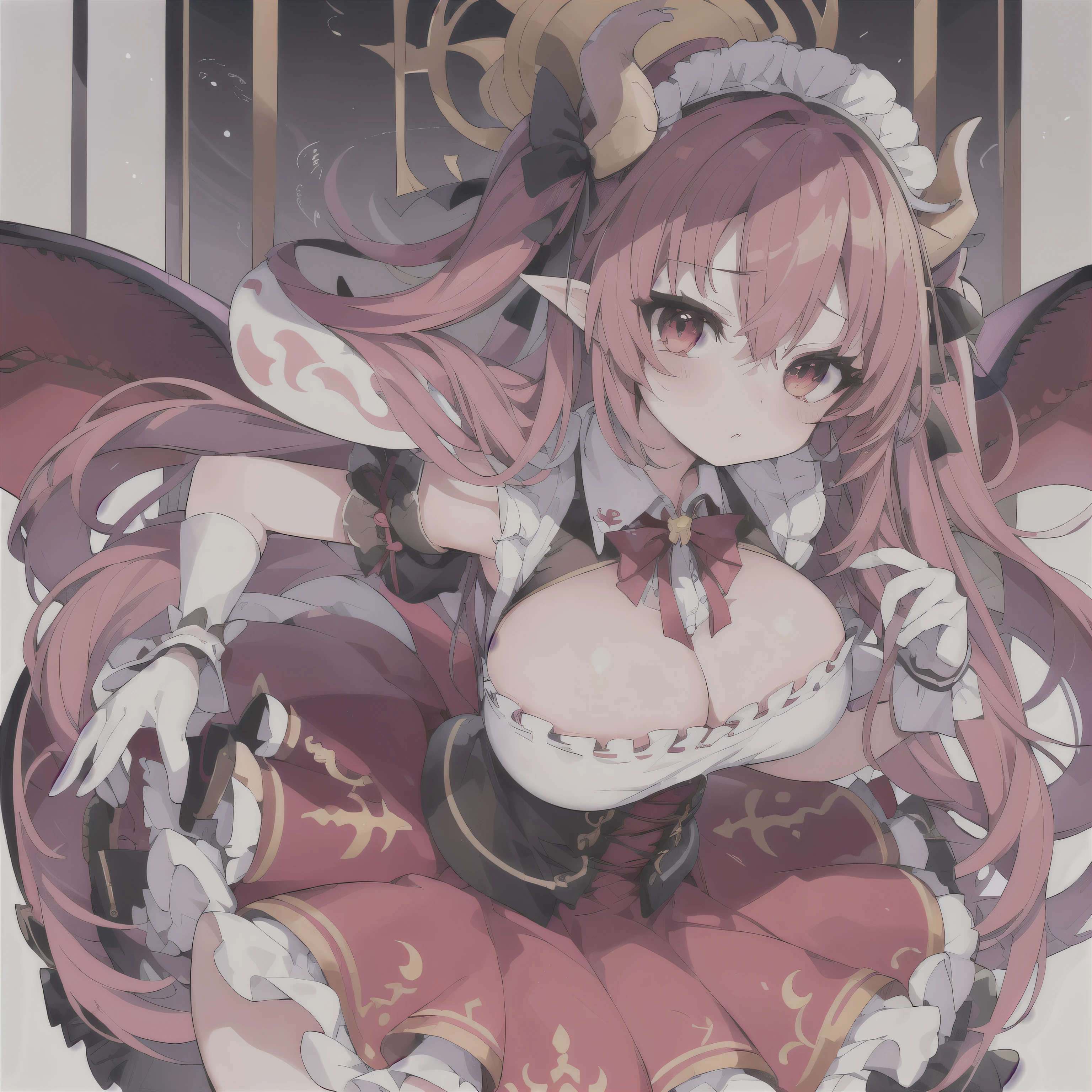 (masterpiece, best quality), intricate details,
1girl, tohru, 1girl, long hair, horns, dragon horns, solo, dragon girl, twintails, looking at viewer, maid headdress, slit pupils, large breasts, maid, gloves, white gloves, hair between eyes, tail, dragon tail, short sleeves, dress, scales