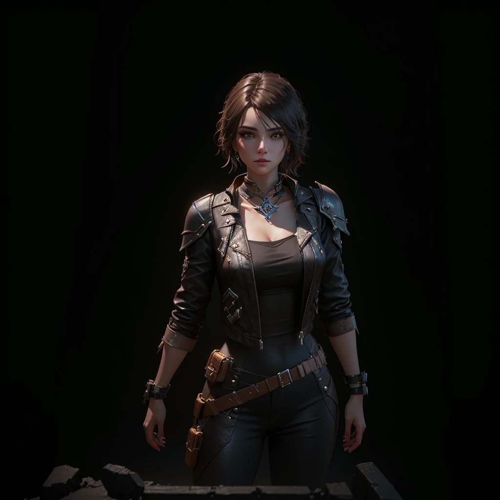 arafed woman in a leather outfit standing in a dark room, unreal engine character art, render of mirabel madrigal, small character. unreal engine 5, cinematic full character, female lead character, unreal 5. rpg portrait, in game render, subsurface scattering skin, 8k portrait render, marvelous designer substance, unreal engine render + a goddess