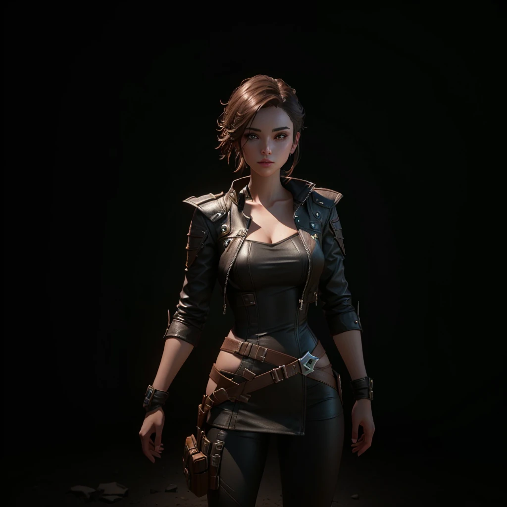 arafed woman in a leather outfit standing in a dark room, unreal engine character art, render of mirabel madrigal, small character. unreal engine 5, cinematic full character, female lead character, unreal 5. rpg portrait, in game render, subsurface scattering skin, 8k portrait render, marvelous designer substance, unreal engine render + a goddess