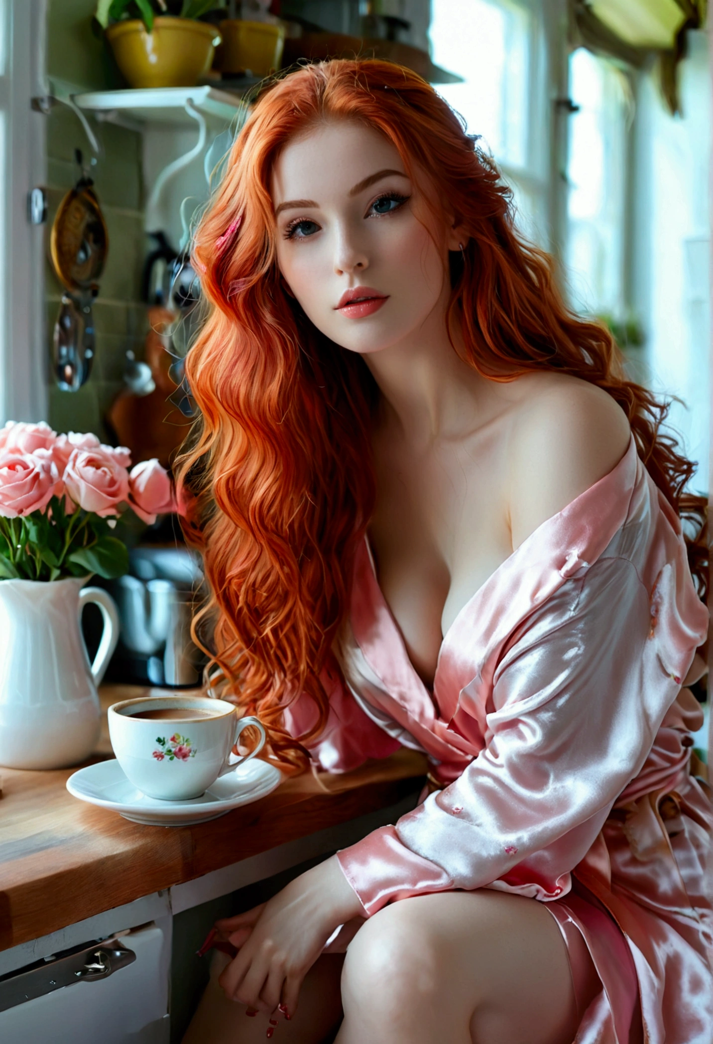 ultra realistic, photography, long red hair, girl, 24 years old, hourglass figure, perfect body, Flirty look, medium natural breasts, extremely detailed artgerm, in the style artgerm, blur background, sitting in the kitchen on a stool at the counter, her legs are crossed, her toenails are painted pink, there is a cup of hot coffee in front of her on the counter, she is wearing a pink silk robe, perfect fingers, five fingers