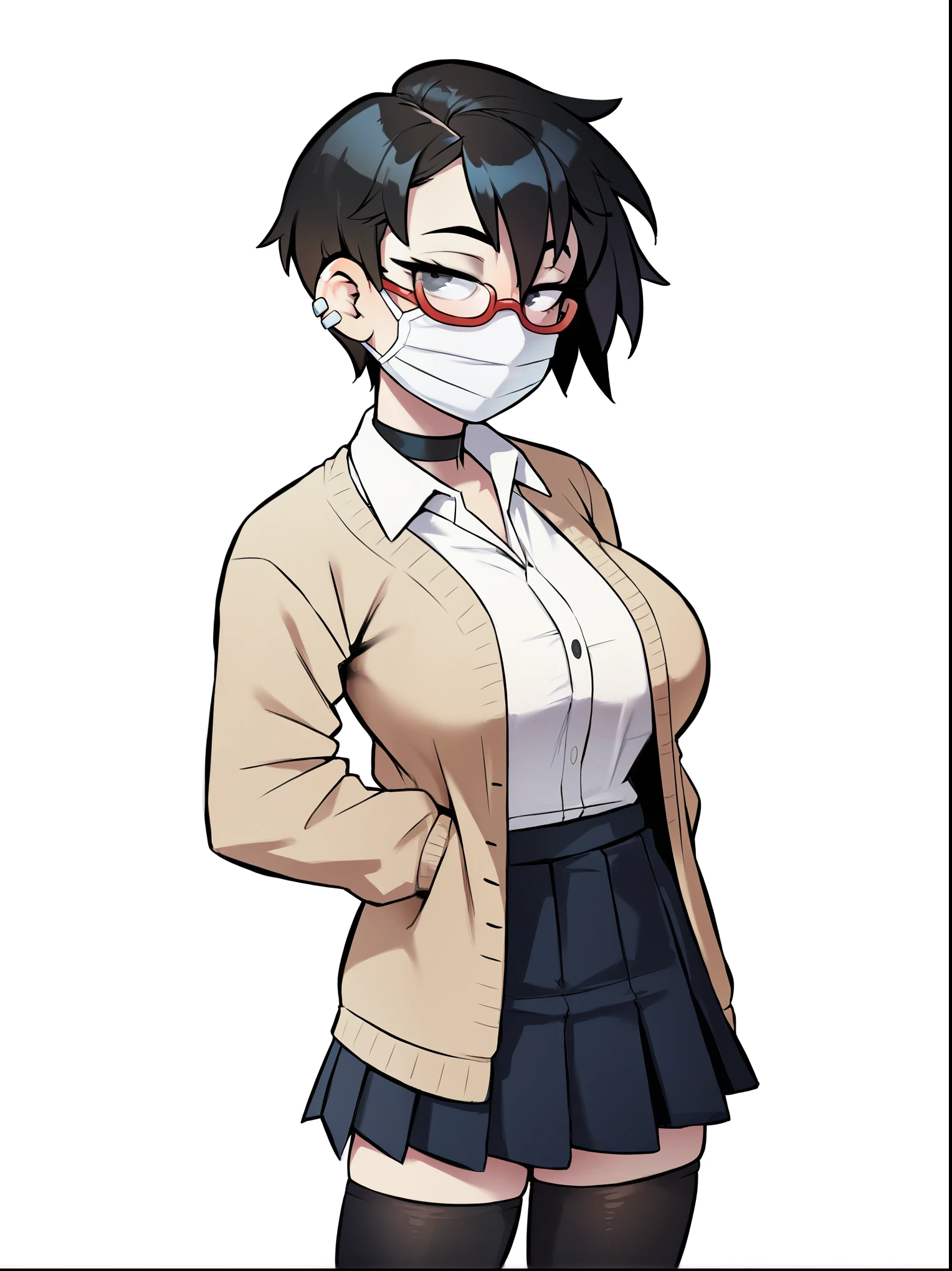 score_9, score_8_up, score_7_up, score_6_up, score_5_up, score_4_up, BREAK 1girl, (black hair:1.2), bob cut, short hair, tomboy, black eyes, (black mouth mask:1.1), long eyelashes, half-closed eyes, (red-framed eyewear:1.1), black choker, messy hair, (asymmetrical hair:1.2), adult, mature, black eyeliner, ear piercing, BREAK solo, standing, wave, huge breasts, adult, broad shoulders, tall, white collared shirt, long sleeves, light brown cardigan, open cardigan, black pleated skirt, black microskirt, black miniskirt, (black thighhighs:1.1), (shirt tucked in:1.1), black nails, skinny, BREAK white background, simple background,
