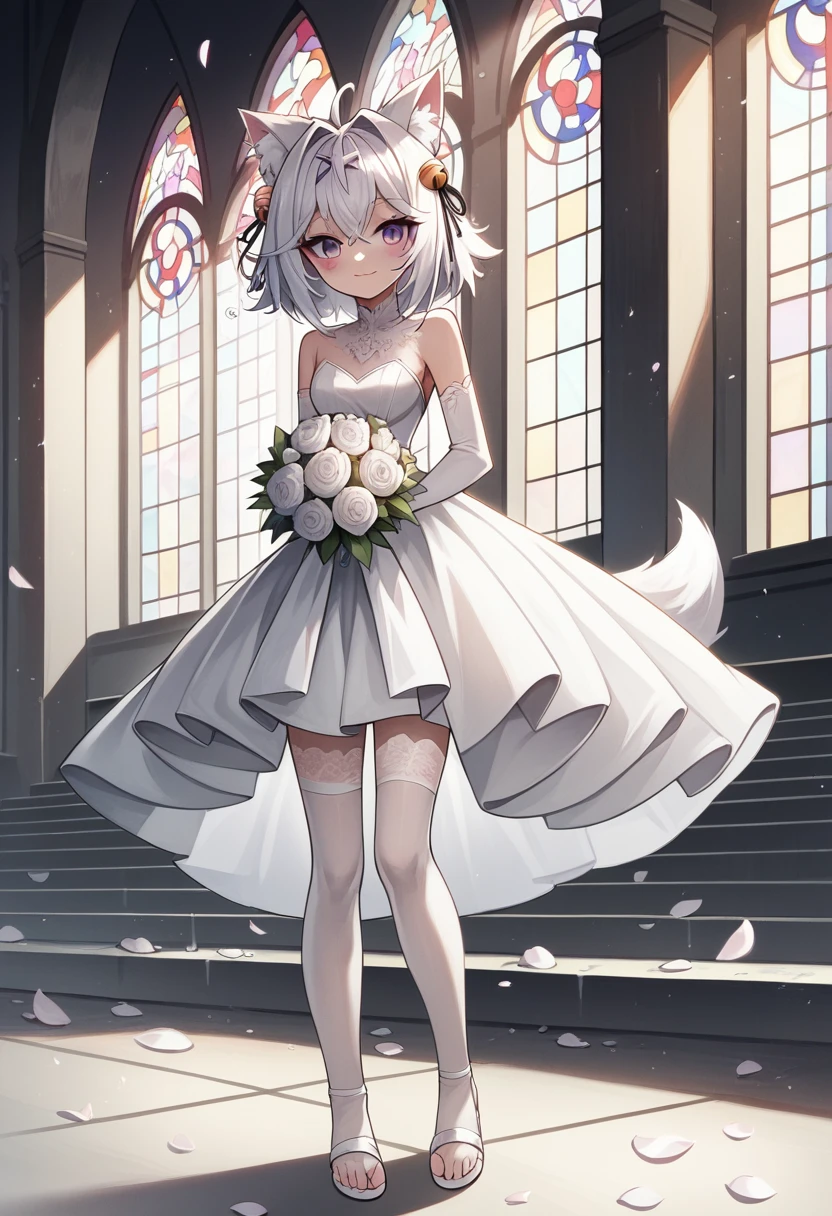 UHD, masterpiece, best quality, cinematic lighting, church, infront of the altar, 1girl, solo, Filian, fox tail, super small cat ears, white hair, short hair, ahoge, hairclip, hair bell, deep violet eyes, blush, happy smile, a-line wedding dress, white veil, white lace arm sleeves, white gloves, white lace stockings, white sandal with heals, slim arms, slim legs, Eye-Level Shot, holding bridal bouquet ,full body pose, innocent pose, raining flower petals