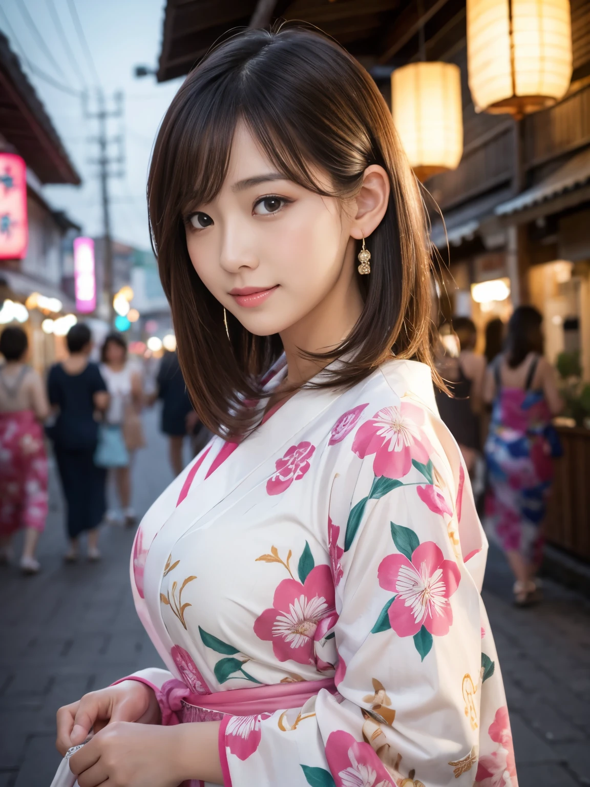 ((Yukata with pink floral pattern)),((Dressed neatly)),((Bon dance,Summer festival)),((sexyな笑顔)),((Highest quality)), Realistic, Very detailed, In detail, ((High resolution)), 8k,Japanese women,Beautiful woman,gravure,sexy,Beautiful Skin,Beautiful Eyes,Detailed face,(Glamour),((Mid-length hair)),Brunette colored hair,20th Generation,Bust Size 87cm,Neat constriction,(Beautiful Eyes),(Adult),((night))、Lantern