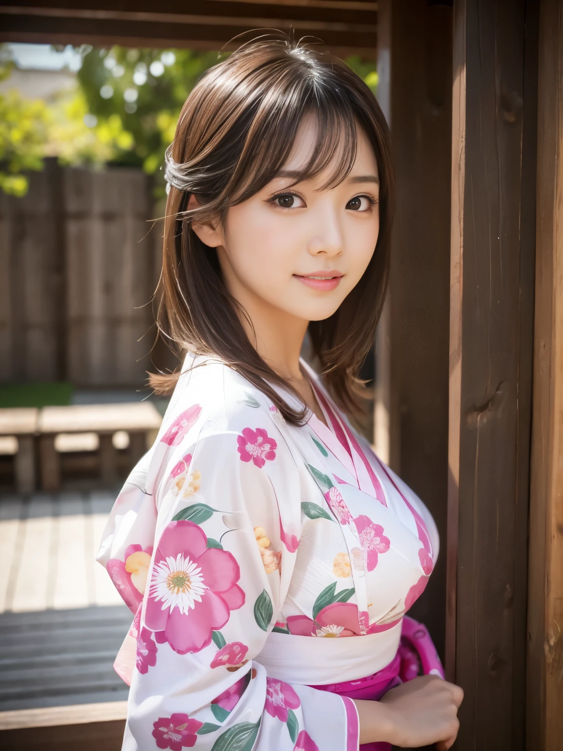 ((Yukata with pink floral pattern)),((Dressed neatly)),((Bon dance,Summer festival)),((sexyな笑顔)),((Highest quality)), Realistic, Very detailed, In detail, ((High resolution)), 8k,Japanese women,Beautiful woman,gravure,sexy,Beautiful Skin,Beautiful Eyes,Detailed face,(Glamour),((Mid-length hair)),Brunette colored hair,20th Generation,Bust Size 87cm,Neat constriction,(Beautiful Eyes),(Adult),((night))、Lantern