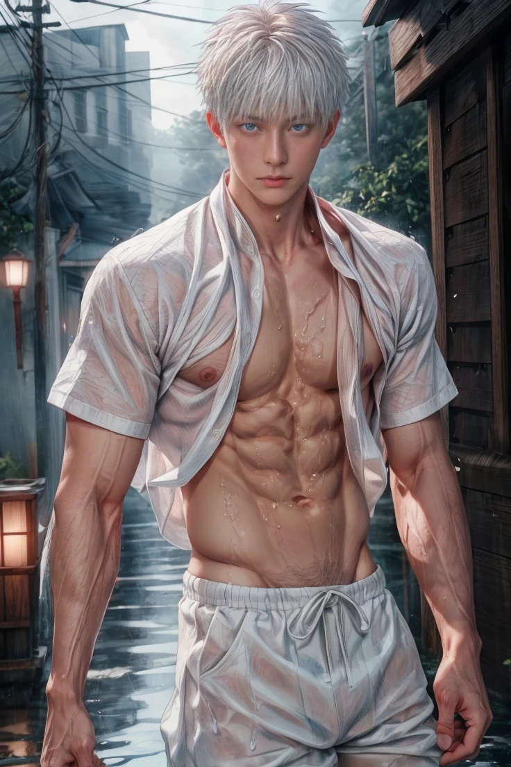 1boy, adult, handsome, perfect face, detailed eyes and face, clean shaved, muscular, capturing a rural atmosphere, dynamic lighting, unreal engine 5, hd picture, satoru gojo, white hair, short hair ,hair between eyes ,blue eyes, white skin, milk pink nipple details, water details, sweat details, rain water details