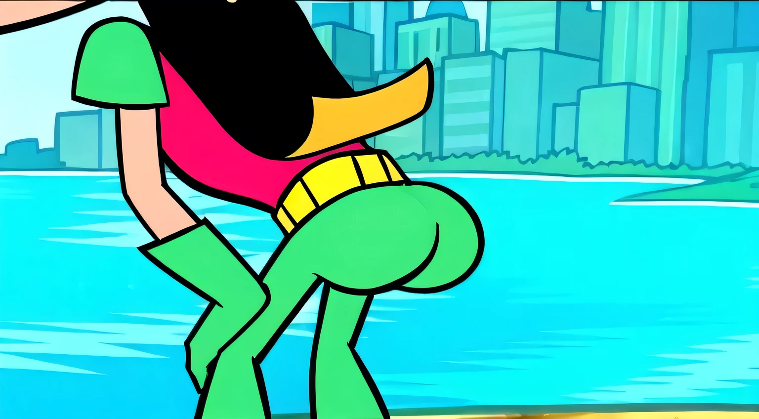 masterpiece, best quality, robin_tt 1boy, smile,  looking at viewer, short sleeves, sunlight, red background, simple background, twerking, green gloves, green pants, big butt, back view, booty, butt, ass foucus, butt focus, striping, smug
