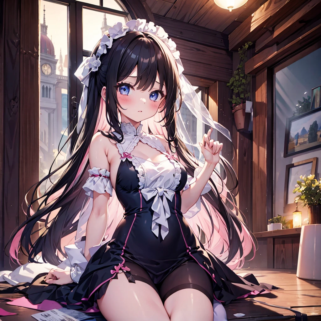 4K,High resolution, (Highly detailed CG,8k,wallpaper)、One -year ,((Yg Girl)ori)),(Delicate and slim body),(low length),(Clean detailed eyes),(Beautiful and shapely breasts),（baby doll),(Blacir,Pink inner color hair)