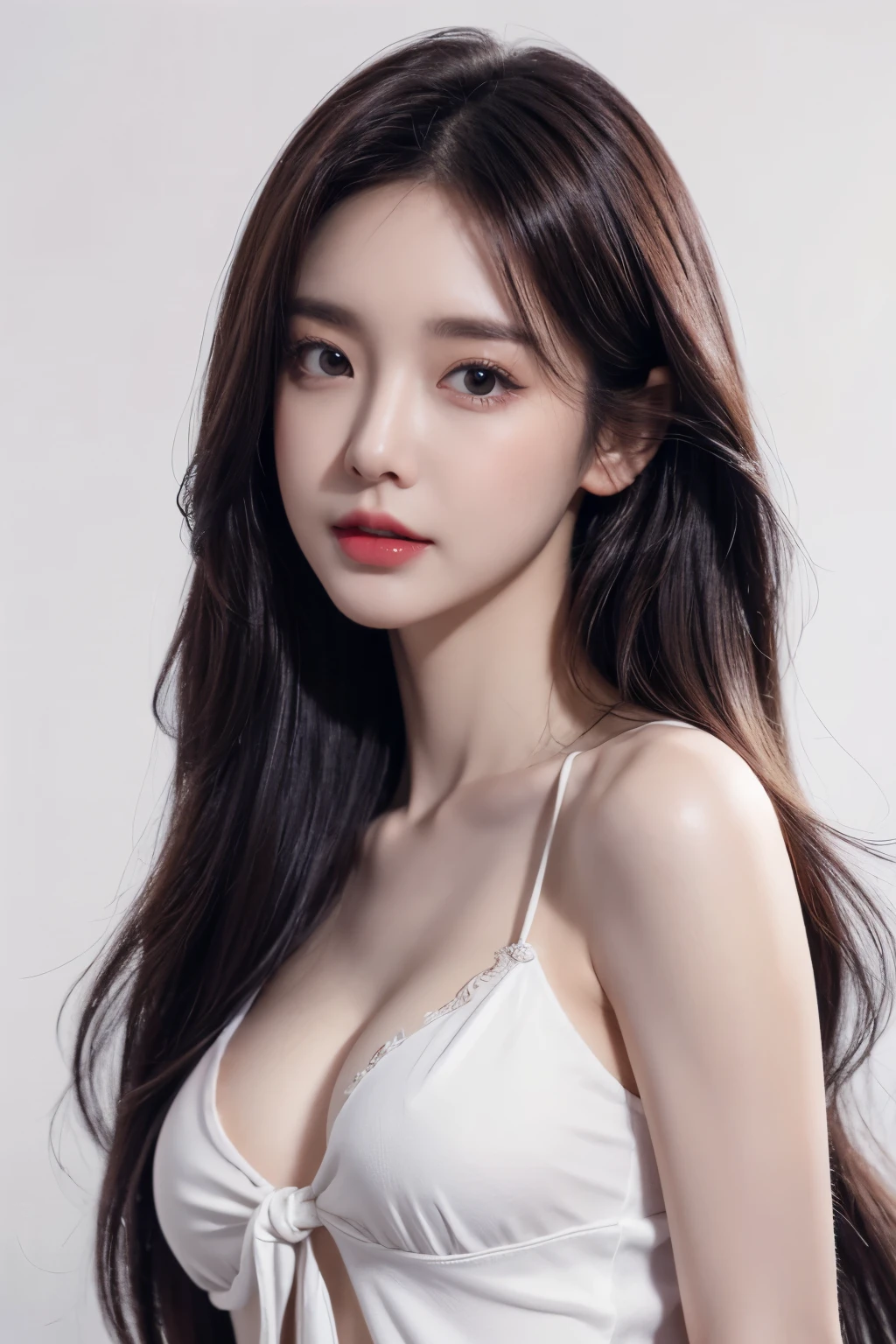 8K,A slender woman, red glossy lips,(Extremely detailed beautiful face)), (best quality), (Super detailed), (Extremely detailed CG unified 8k wallpaper),original photo, (standing), (White background) ,(cleavage),(average light source),shorts,black hair,long hair,(soft small breasts),(tie),sexy pose, full front body