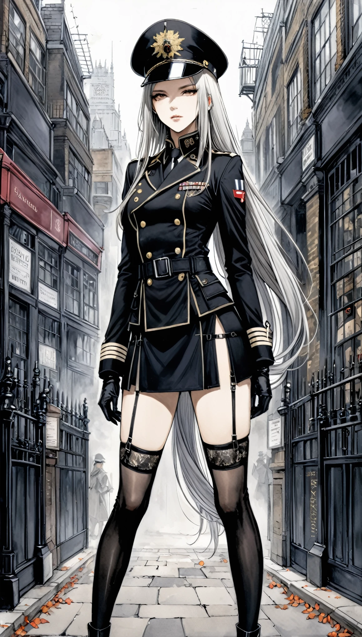 in style of Santiago Caruso,1girl,London Fashion,Female Agent,black,Garter,Military cap,black军装套装,(From the front:2.0),New era,Silver long hair,High Ponytail,Unbelievably long hair,cowboy shot,looking at viewer,(bangs_pinned_back:1.0),