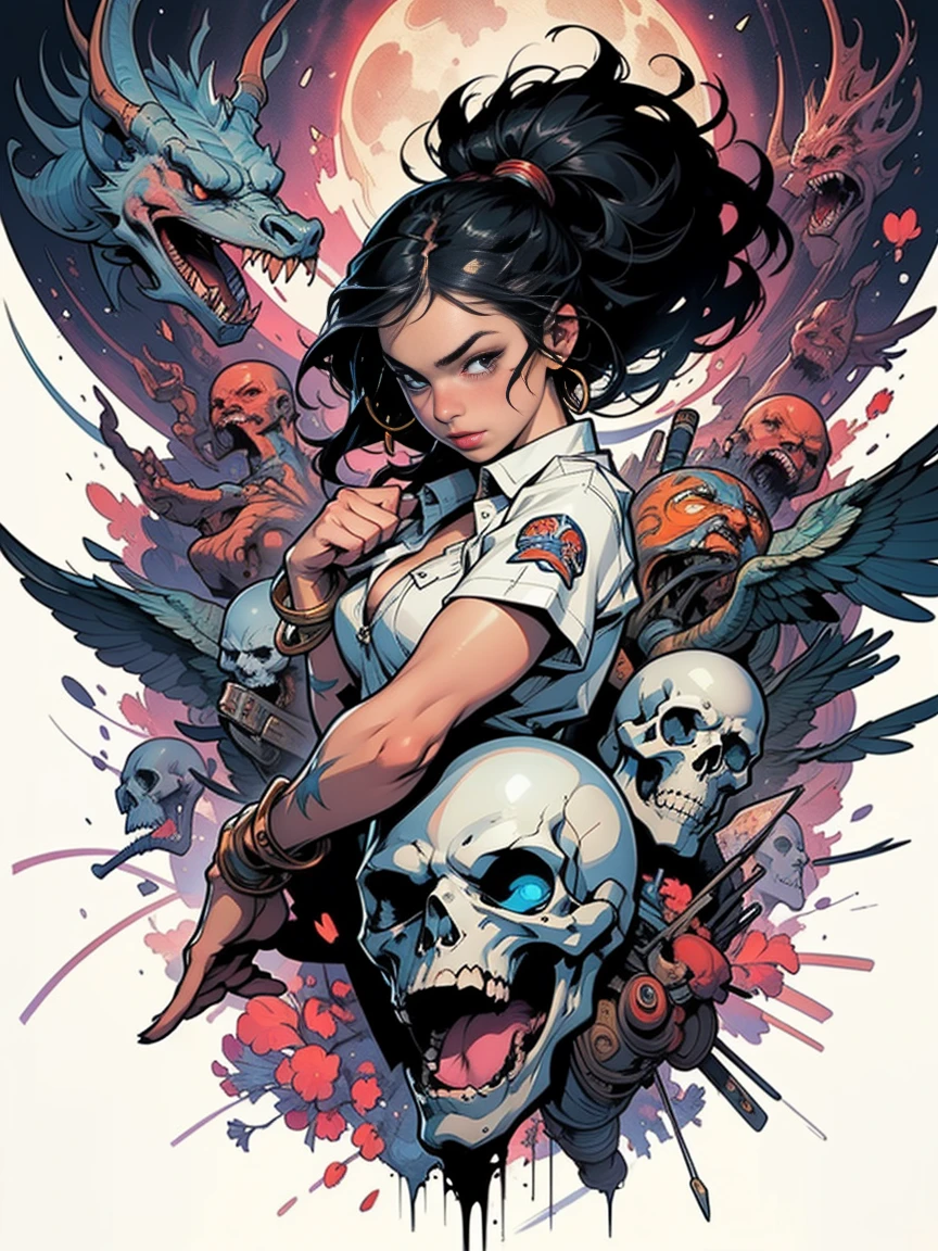 (night time scene), horor, haunted, dead body, Skulls, Vampirella sexly vestindo um maiô vermelho escuro, blood splatters, night at the cemetery, crescent moon, fullmoon, fog, gargoyle, Skulls on the ground, oily shiny skin, lateral view, athletic and fit body, naughty, slutty, perfect hands, detailed hands, perfects eyes, Detailed olos, provocative, sexly, naughty, posando, hands and arms at the side, Body cute, heartistry in hand, very muscly, ultra detaild, (beautiful and clear background:1.2),, fantastic paintings ,graffiti style, flowers , a t-shirt or dress with a white blouse underneath, with both fists in fighting position, and bracelets, fighting against an enemy, with long black hair , colorful stained glass, out, Vibrant, Alphonse Mucha Style, fantastic paintings by joe madureira ,high qualiy, artistry,Kelly Brook beautiful woman with long hair , , soul, digital illustration, comic style, Perfect Anatomia, centred, approaching perfection, dynamic, highy detailed, Watercolor painting, artistrystation, artistry conceituale, Soft, sharp focus, illustration, artistry by Carne Griffiths e Wadim Kashin,large breasted,alone anime girl with a medium length pose and cute clothes, short pastel blonde hair , heterochromia, Perfect Anatomia, centred, approaching perfection, dynamic, highy detailed, character sheet, artistrystation, artistry conceituale, Soft, sharp focus, illustration, artistry by kim jung gi,, artistrygerm, Carne Griffiths e Wadim Kashin , Sasha Yakovleva, lazy, Jeremy Mann, full body shot shot, character sheet, lightning wave, beautiful anime Watercolor painting, realisitic, HDR, ultra HD, dynamic