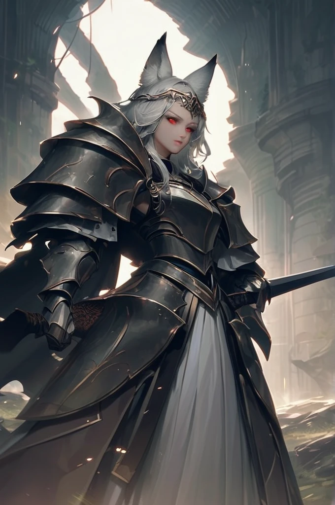 ((Лучшее качество)), ((шедевр)), (подробный), fox is a girl,adult,animal eyes,fox ears on her head,with long white hair, a lock of hair is black on the left side, up to the waist, red eyes, stands tall, furious gaze,dressed like a king,heavy armor, a two-handed sword in her hands, the background is a gloomy cave.