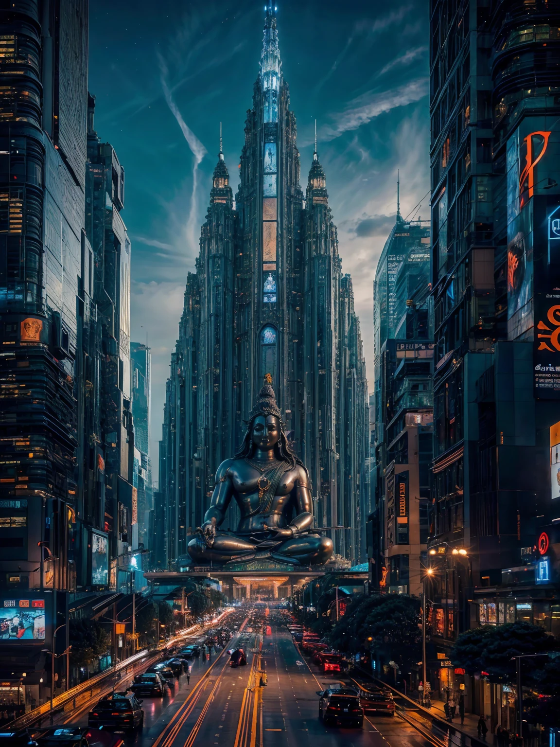 (Highest quality, Ultra HD, 16k, Masterpiece) In a future cityscape, the vibrant lights and towering skyscrapers create a stunning cyberpunk aesthetic. The city is elevated high into the clouds, offering a breathtaking view of the universe. This SF world is a blend of advanced technology and otherworldly beauty. At the heart of the city stands a huge, colossal statue of Lord Shiva, its presence both awe-inspiring and majestic. The statue, an enormous tribute to the Indian deity, rises from the middle of the city, its intricate details and grand scale making it a focal point of the skyline.
The early morning light bathes the statue and the city in a soft glow, highlighting the contrast between the ancient spiritual figure and the futuristic surroundings. The sky is a canvas of vibrant hues, with the city lights flickering against the backdrop of the universe. The colossal statue of Lord Shiva, with its serene expression and powerful stance, seems to watch over the bustling metropolis, merging the spiritual and the technological in a harmonious blend. The overall composition captures the essence of a world where tradition and innovation coexist, creating a scene of unmatched beauty and depth. The vibrant energy of the city, combined with the tranquil presence of the statue, offers a unique glimpse into a future where the past is never forgotten.