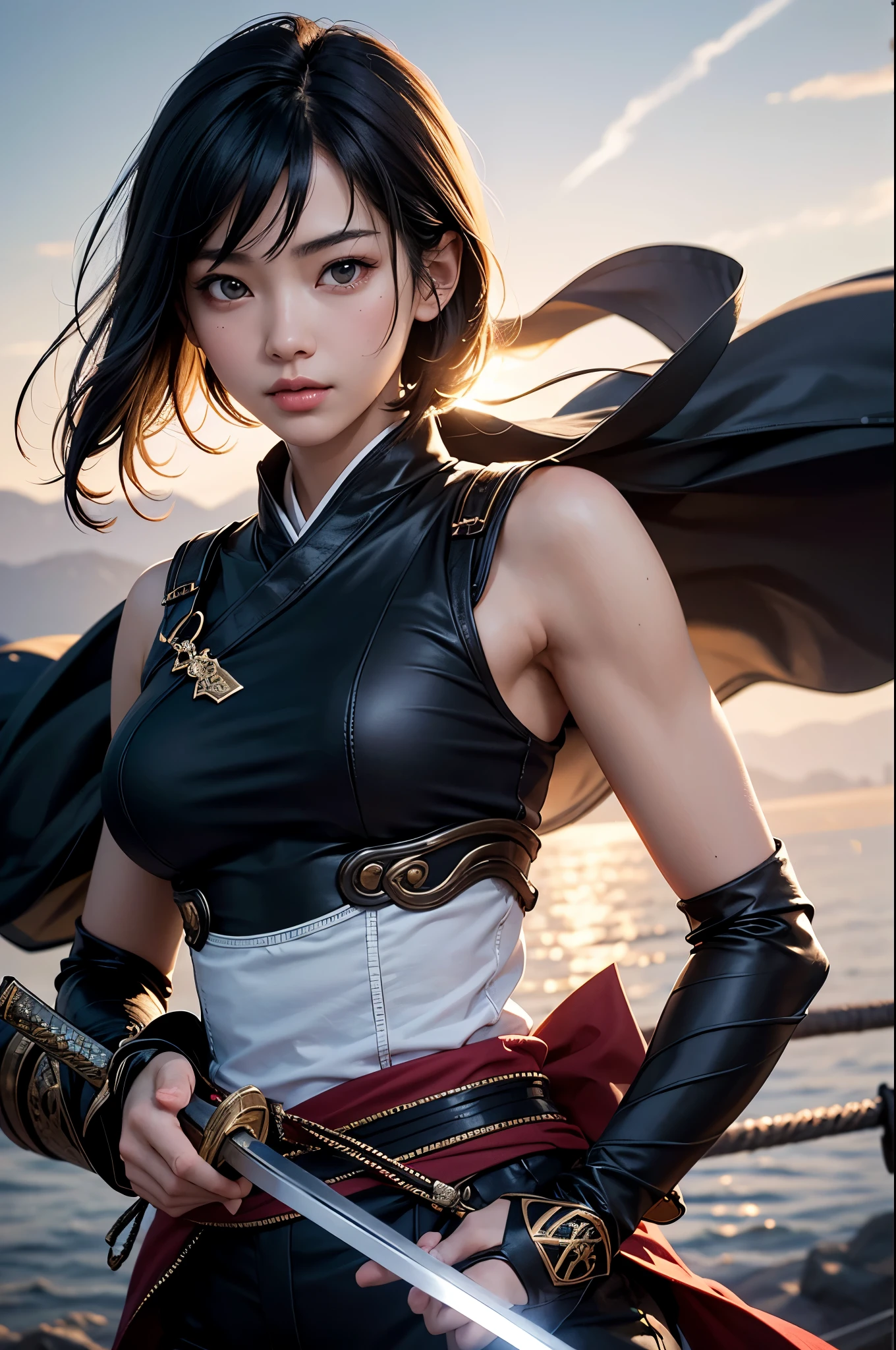 8k、alone、16 year old big breasted beauty,Super Beauty(Like the real thing),Iris,super beautiful teenager,Black short bob hair,黒と赤のSexy Exterior,Black trousers,Golden decoration,長くて大きなJapanese sword,Demon Slayer: Androgynous Beauty,A wonderful work of art、Wind effects:1.9、Cloud Effect:1.2、Full Rendering,Unreal Engine、Japanese sword 1本,Cool beauty,Ultra-high resolution,super 超Realistic Skin,Ultra-precise hand-crafted detailing,1Japanese sword,smile,Photorealistic RAW photos of the highest quality。Backlight, Cinema Lighting, Film Grain, 50mm lens, Nikon D850,Realistic Skin,Fantasy art,Character Art,Ultra-high resolution,Muscular and slim body,Muscular and lean lower body,Precise facial details,What's left behind,Perfect hands,Cool sexy beauty,landscape,A lot of thick red smoke(largely),Ultra-realistic smoke,Extremely ripped abs,Muscular Beauty,Very large breasts,Sexy Exterior,Wide open chest,Body balance,smile,Makeup,Accentuate your cleavage,Dynamic fighting pose,