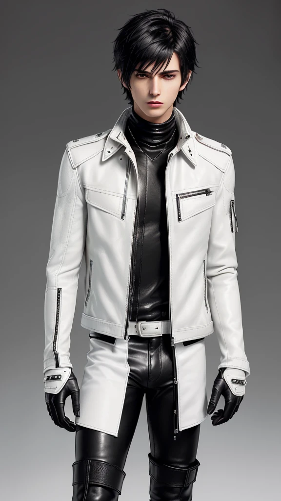 Final fantasy taste and reality graphics, ((Japanese young cute and cool ikemen boy)), his age is early 20s, thin eyebrows and beady eyes, ((he wearing off white color leather thick and heavy material jacket)), ((jacket is single-brest)), , ((jacket is large size)),((with epaulet)), ((jacket is long sleeve)), ((jacket
. zipping up, front of the leather jacket)), , ((voluminous leather jacket)), ,((jacket length is high, and collar is stand-up)) ((jacket collar with two belts)), ((jacket is a little black color line patterns)), ((also wearing black thick material turtleneck lackluster shirts)), ((tight black leather pants)), ((put black leather tight and thin glove on both hands)), ((black leather glove)),((black leather knee-high raceup boots)),((must views head-to-toe)),((must views whole body)), ,((Do not show skin from the neck down)),leather jacket leather glove and leather pants have few wrinkles, Avoid showing your innerwear,zip up jacket fastner.((must put on a leather glove)).
Boy is black hair.boy looks like fashion model.
Boy in the dim room.