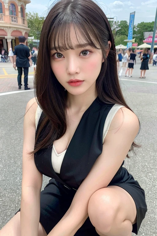 (masterpiece:1.3), (8k, Realistic, RAW Photos, Best image quality: 1.4), (Random Hairstyles:1.2)、Mid-chest、(Highly detailed face)、Attention to detail、double eyelid、(Dark Eyes)、(Sharp focus:1.2)、Beautiful woman:1.4、25 year old woman、((Black Hair))、Chest-length hair、(Sleeveless jacket)、Highest quality、masterpiece、Ultra-high resolution、(Realistic:1.4)、super high quality、Symmetrical face、The face is very realistic、Photo level、8k最高画質はフル、Sebaceous reflex、The face is very realistic、Extremely realistic skin、Realistic light and shadow effects、((Angle above the knee))、Standing posture、oversized dress shirt、amusement park