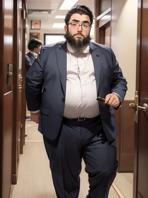 male, alone, (Yossan), beard, Glasses, (Are fat), (lawyer), suit, Court, trial, Legal Book, document, Court内, Tension, justice, Serious expression、full body