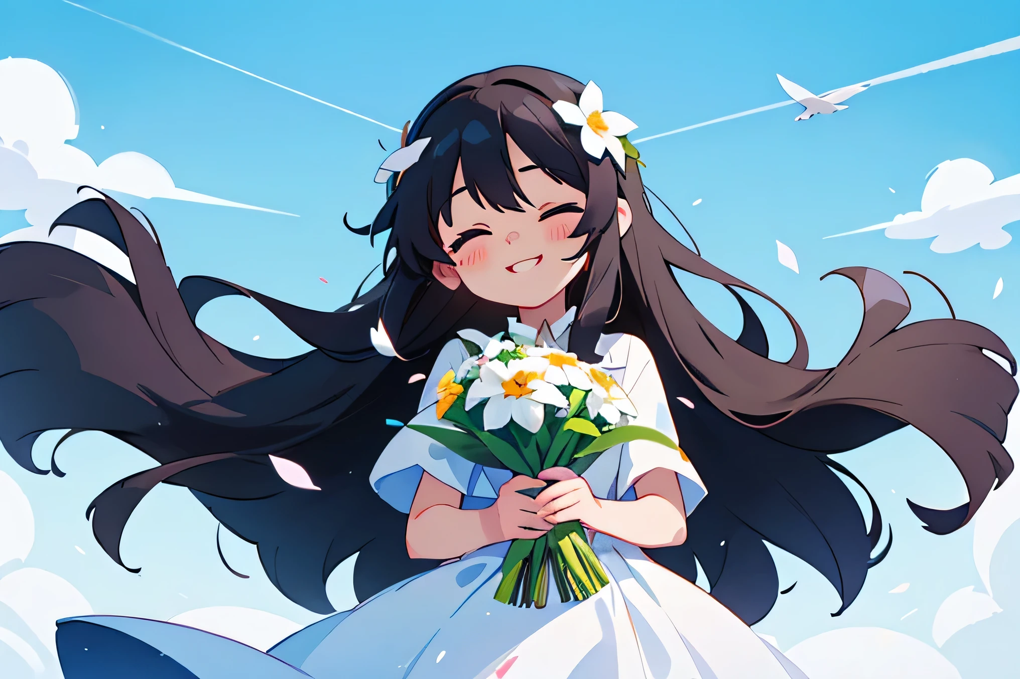 Girl、Long Black Hair、White dress、Holding a bouquet of flowers、blue sky、front、smile、Eyes closed、Mouth closed