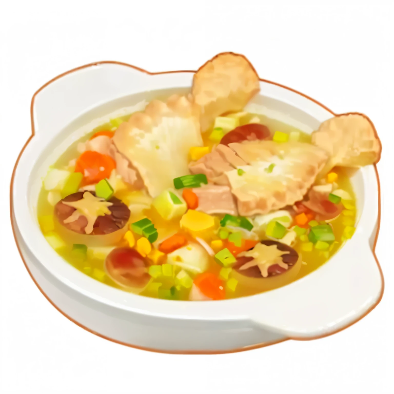 a close up of a bowl of Soup with meat and vegetables, chicken, Soup, ❤🔥🍄🌪, Anime Food,Realistic cooking, 9k, Nine thousand, pot, Full Moon, bowl filled with food, Offer a plate of food, 20 thousand, hot food, delicious food, recipe, stew, beast