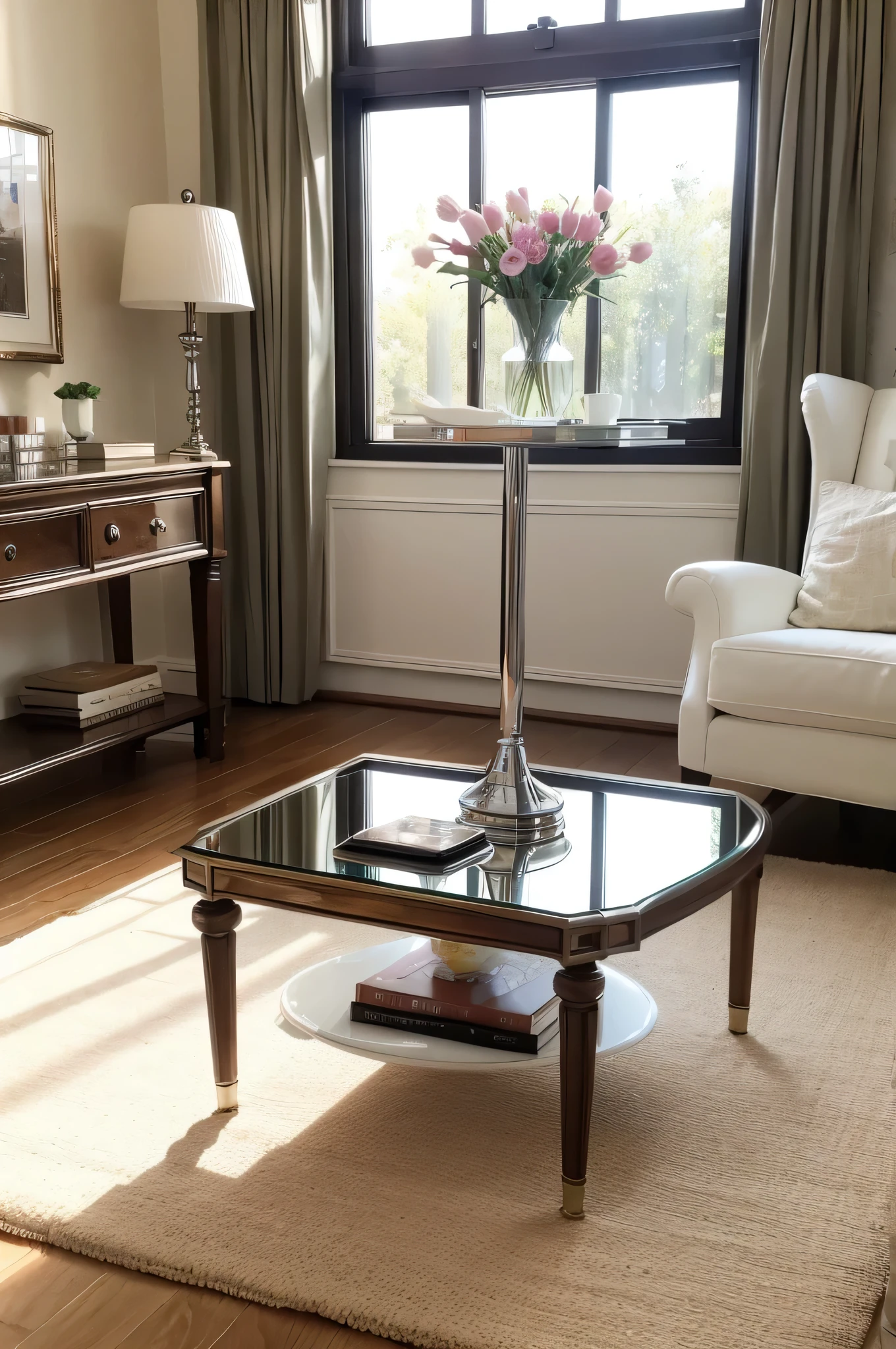 A small mirrored tissue box on a bright living room table, glass table with a book, no flowers, no coffee cups, clean table