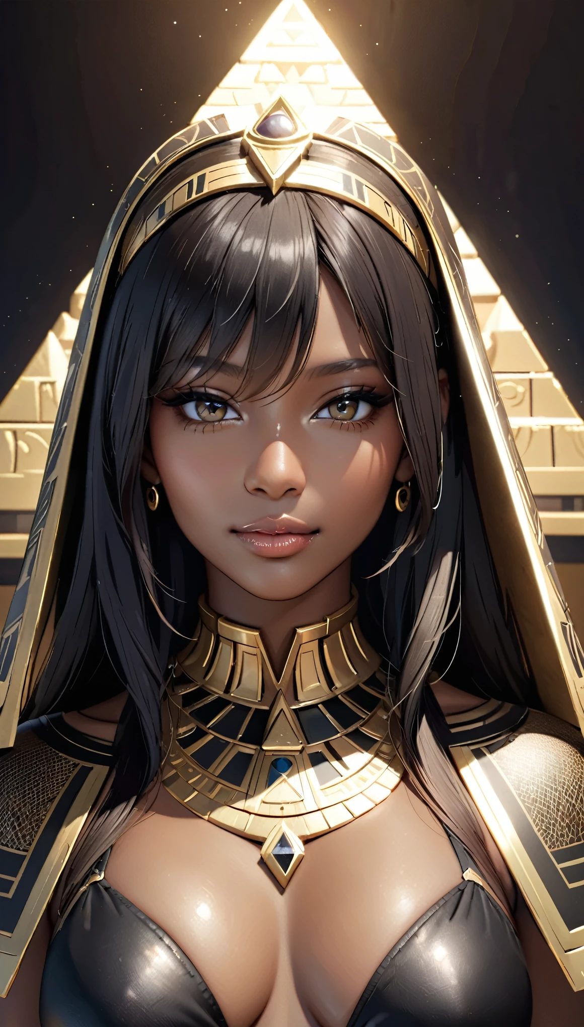 (masterpiece:1.2, Highest quality,Highest quality,Super detailed:1.2),(Photorealistic Stick:1.3),(RAW Photos:1.3),(Super detailed),8k,wallpaper,(Cinema Lighting),(Written boundary depth),(Sophisticated lighting:1.2),Female Anubis God,Close-up of face,Beautiful Face,Beautiful Eyes,Beautiful Skin,Moisturized skin,Dark Skin,Beautiful Eyes,Moisturized lips,Beautiful Hair,Shiny hair,Detailed drawing of hair,Detailed drawing of the costume,(front:1.6),(smile),(perfecteyes),The background is the inside of the pyramid