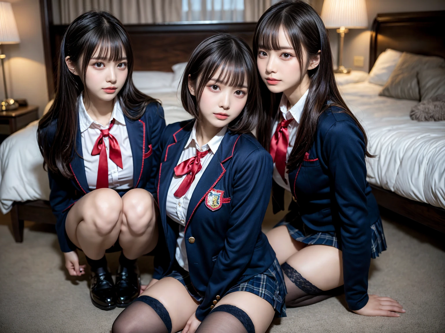 masterpiece, best quality, illustration, Super detailed, fine details, High resolution, 8K,wall paper, perfect dynamic composition,(Details High quality, realistic depiction of eyes:1.3), ((2 girls, 2 schoolgirls)), The background is a luxury hotel room、High school girl uniform、blazer 、Super Short Check Uniform Skirt、Navy blue high socks、garterbelts、Colossal tits、Disturbed uniform, Play with each other,Touching each other's bodies,Touching the body of the girl next door, short bob hair, black hair color, huge breasts, Big Natural Color Lip, bold sexy pose, (perfect body shape), crying a little、Harajuku style、Beautiful makeup,glitter makeup,Cutest 18 years old, beautiful legs, hposing Gravure Idol, Voluptuous thighs