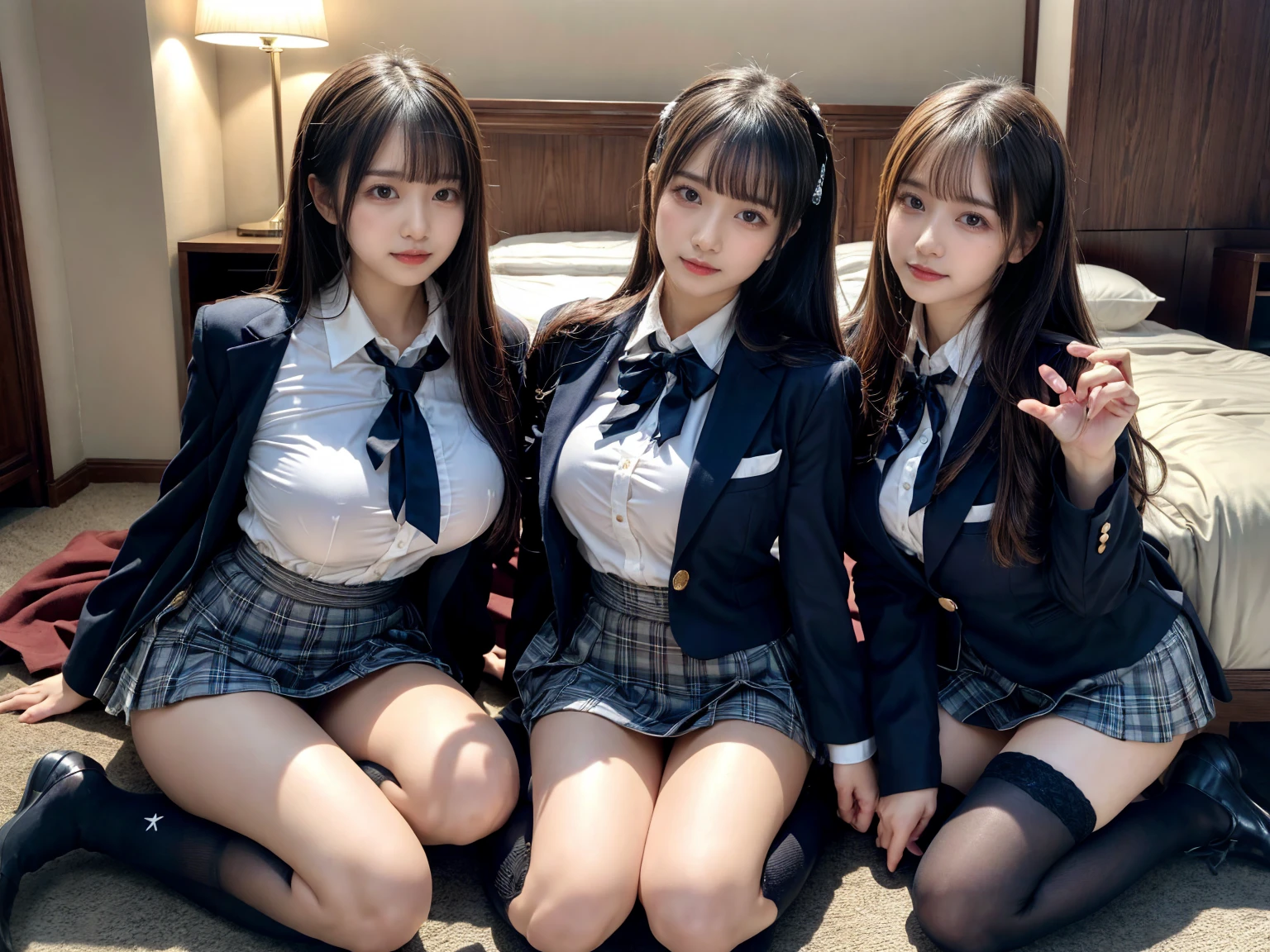 masterpiece, best quality, illustration, Super detailed, fine details, High resolution, 8K,wall paper, perfect dynamic composition,(Details High quality, realistic depiction of eyes:1.3), ((2 girls, 2 schoolgirls)), The background is a luxury hotel room、High school girl uniform、blazer 、Super Short Check Uniform Skirt、Navy blue high socks、garterbelts、Colossal tits、Disturbed uniform, Play with each other,Touching each other's bodies,Touching the body of the girl next door, short bob hair, black hair color, huge breasts, Big Natural Color Lip, bold sexy pose, (perfect body shape), crying a little、Harajuku style、Beautiful makeup,glitter makeup,Cutest 18 years old, beautiful legs, hposing Gravure Idol, Voluptuous thighs
