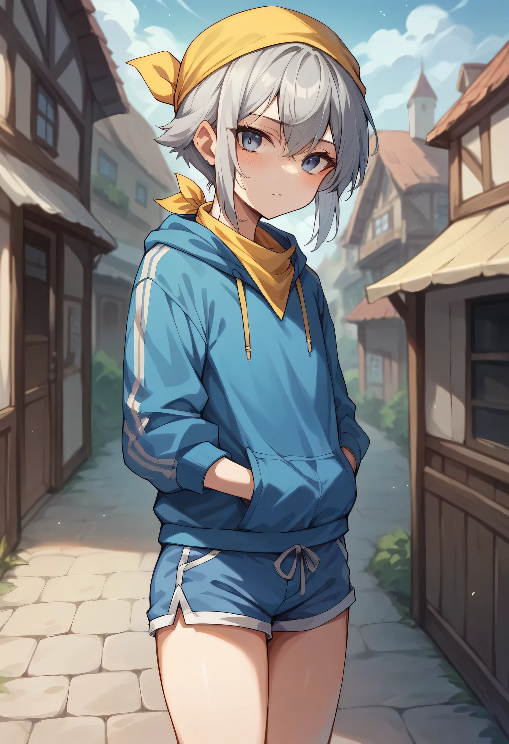 Girl living in a village,Blue jersey,Blue shorts,Ash grey hair、It is tied at the back,The head is covered with a yellow bandana,I&#39;m wearing white sneakers,Good at fishing,Living in a village surrounded by nature,Fun atmosphere,The color of her eyes is a dull blue.,fish,Thighs,smile,walk,She is Japanese