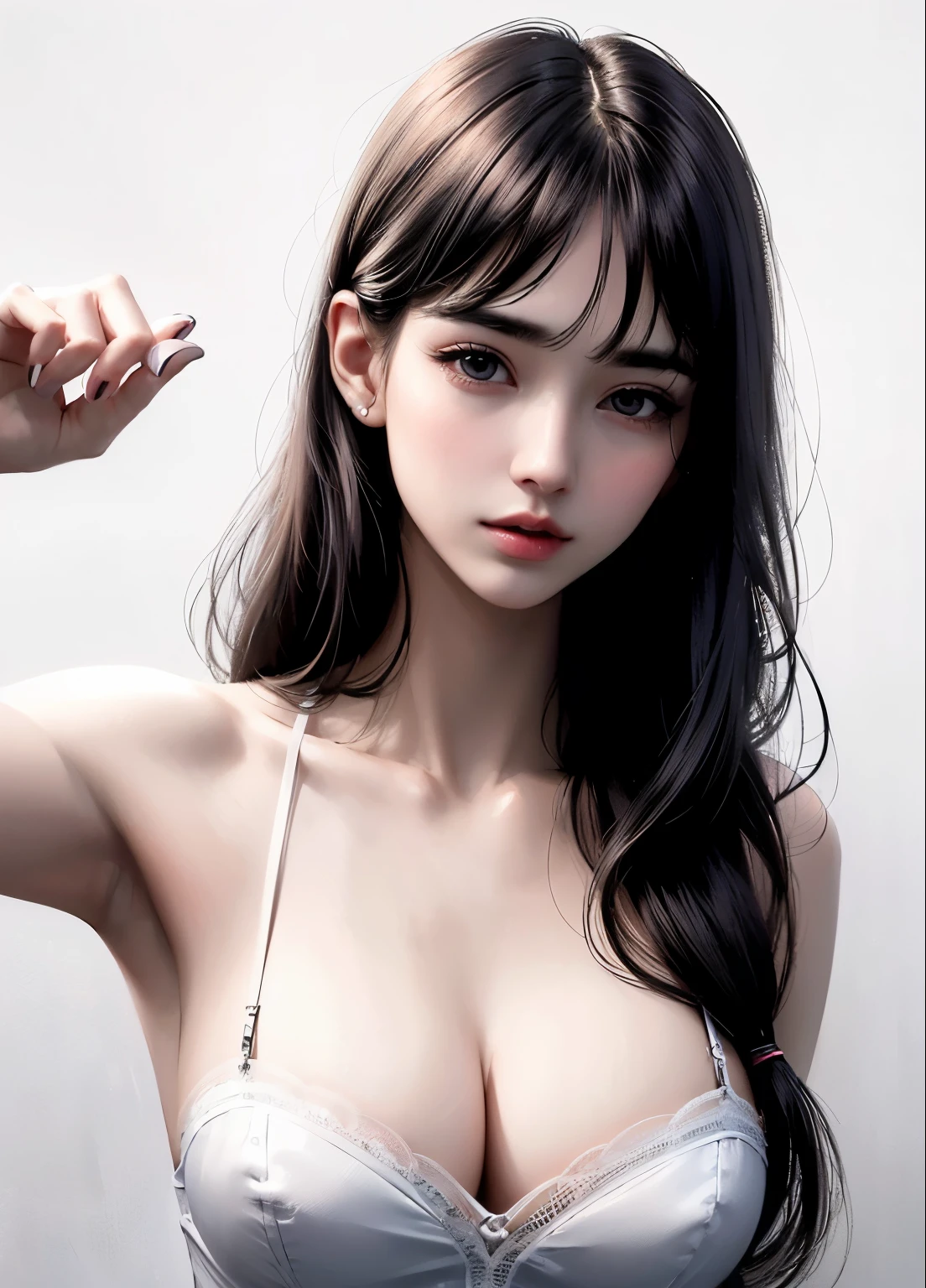 masterpiece, best quality, Extremely detailed, Best shadow, Beautiful and delicate face, Beautiful and delicate eyes, High contrast,Low-cut skirt, 1 Girl, Large Breasts, Bangs, Hair covering one eye, Bare shoulders,, White background:1.3, (Face Focus:1.3, Eye close-up:1.3),