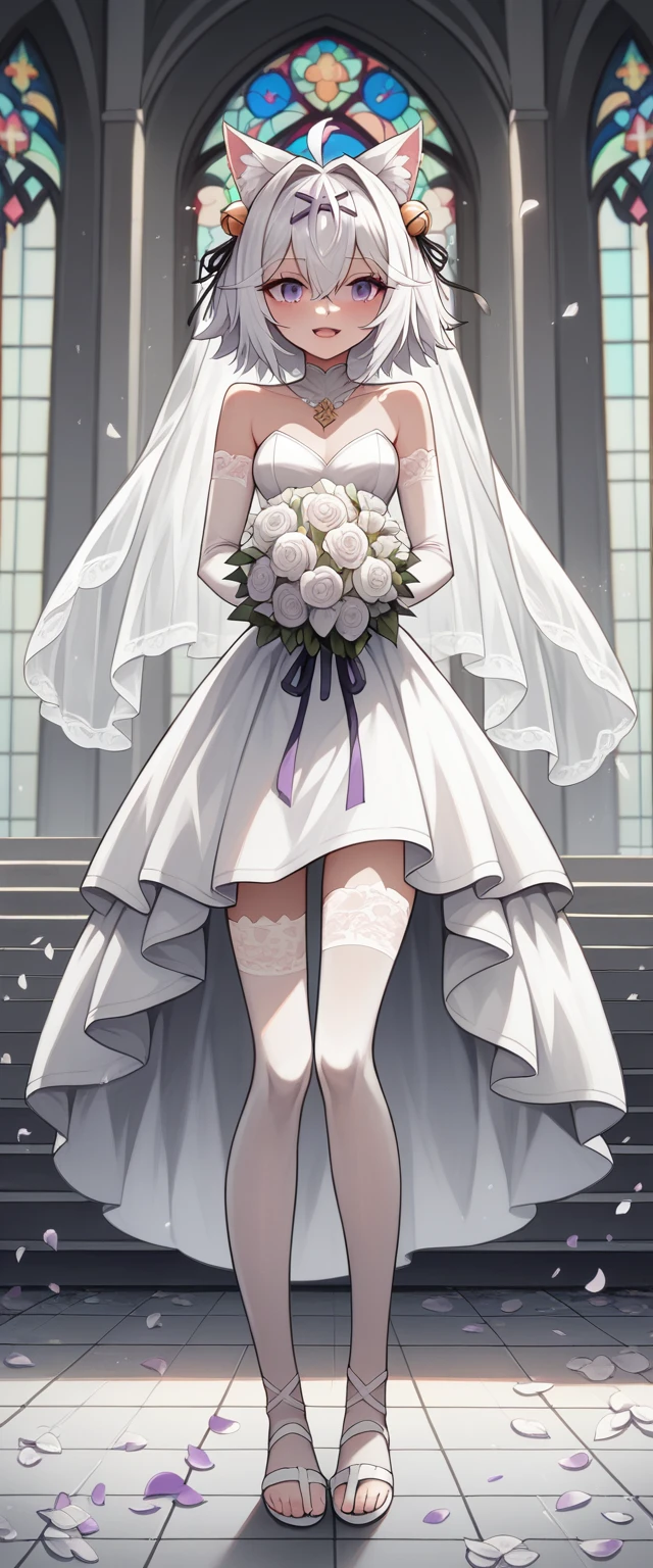 UHD, masterpiece, best quality, natural light, church, infront of the altar, 1girl, solo, Filian, fox tail, super small cat ears, white hair, short hair, ahoge, hairclip, hair bell, deep violet eyes, blush, happy smile, a-line wedding dress, white veil, white lace arm sleeves, white gloves, white lace stockings, white sandal with heals, slim arms, slim legs, Eye-Level Shot, holding bridal bouquet ,full body pose, innocent pose, raining flower petals, ((petals falling)