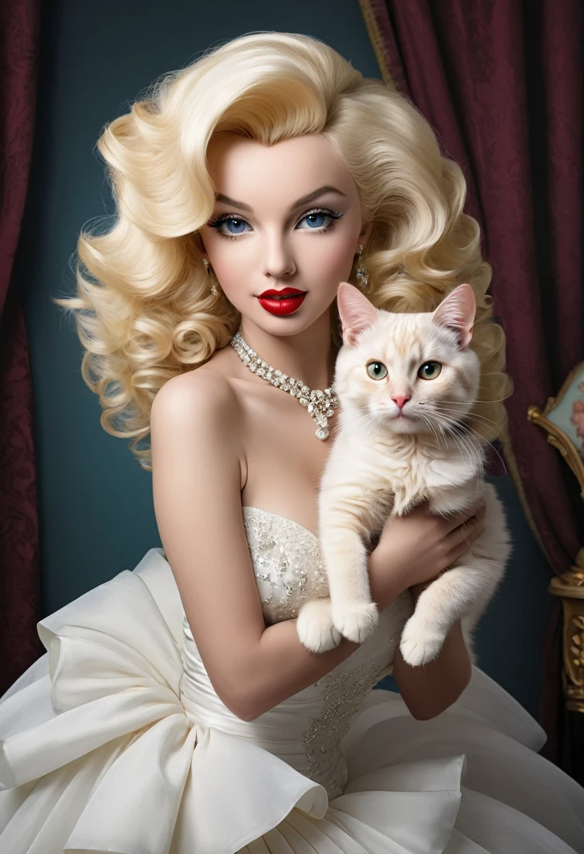 Realistic portrait of a dressed animal - beautiful blond haired cat anthropomorphic, Humanoid cats、A gorgeous, curly blonde wig, just like Marilyn Monroe&#39;s、青いMelancholyな瞳、Wearing a white chiffon long dress１９５０Standing under a street lamp in an American town from the 1960s、Looking at the camera、Close-up、Highly detailed decorations,, (Melancholy),Golden Hour、Backlight、Dramatic Light(Full body image:1.5)