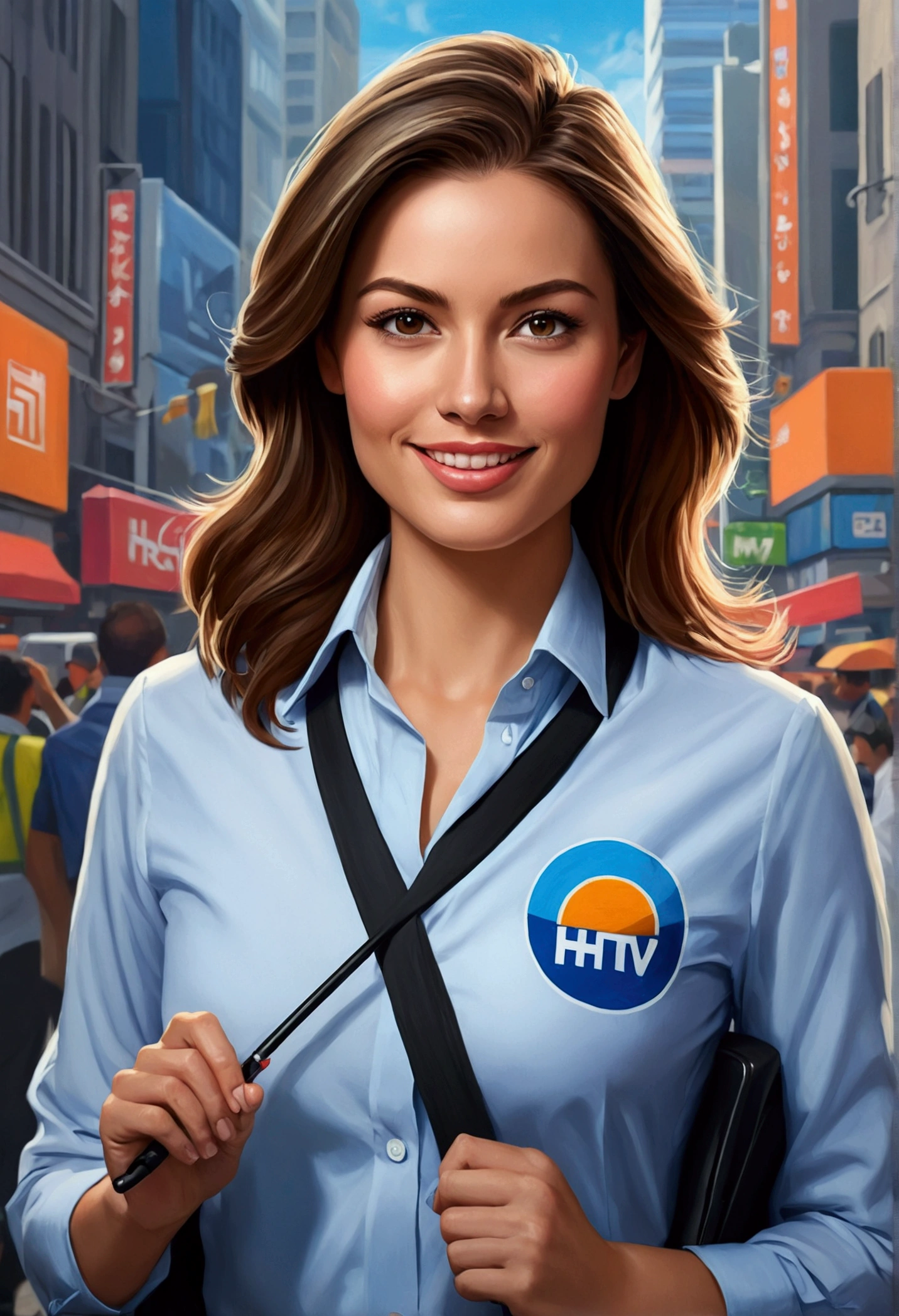 Create a high-resolution, photorealistic digital painting of an extremely beautiful female reporter. She is wearing a very dynamic reporter outfit with the HTV logo on her chest. Her expression is very cheerful and charming, showing her dedication to her work. The overall atmosphere should be motivational and uplifting, focusing on the theme of motivation. The setting is a busy city area. The style should be vibrant, with detailed facial features and a slightly exaggerated, dramatic look. The background should complement the subject without overpowering the main focus. The artwork should have a motivational and inspirational feel, similar to modern cinematic poster art.