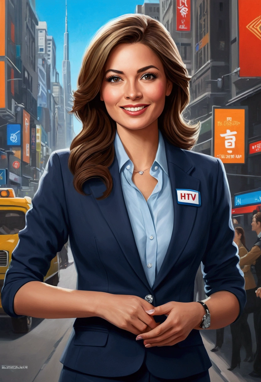 Create a high-resolution, photorealistic digital painting of an extremely beautiful female reporter. She is wearing a very dynamic reporter outfit with the HTV logo on her chest. Her expression is very cheerful and charming, showing her dedication to her work. The overall atmosphere should be motivational and uplifting, focusing on the theme of motivation. The setting is a busy city area. The style should be vibrant, with detailed facial features and a slightly exaggerated, dramatic look. The background should complement the subject without overpowering the main focus. The artwork should have a motivational and inspirational feel, similar to modern cinematic poster art.